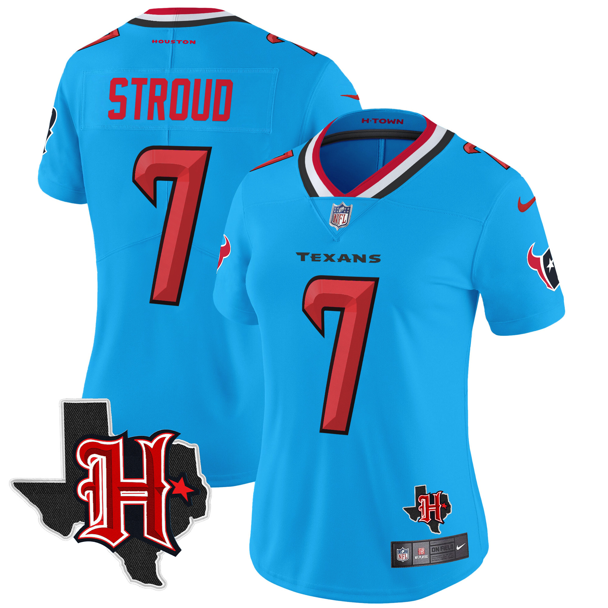 Women's C.J. Stroud Houston Texans 2024 Texas Patch Vapor Limited Blue Jersey - All Stitched