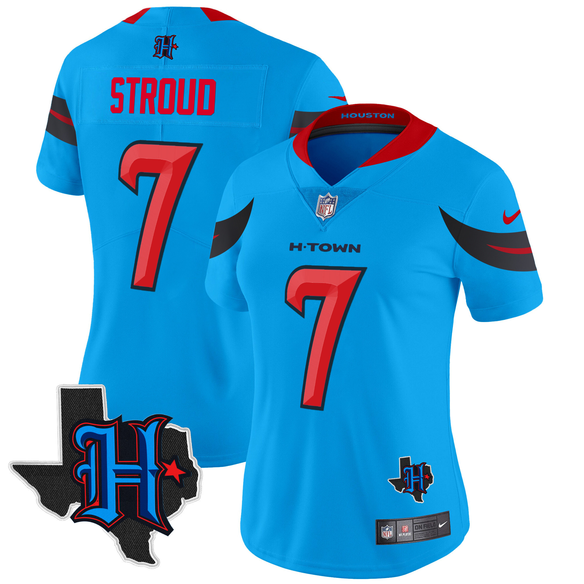 Women's C.J. Stroud Houston Texans 2024 Texas Patch Vapor Limited Blue Jersey V3 - All Stitched