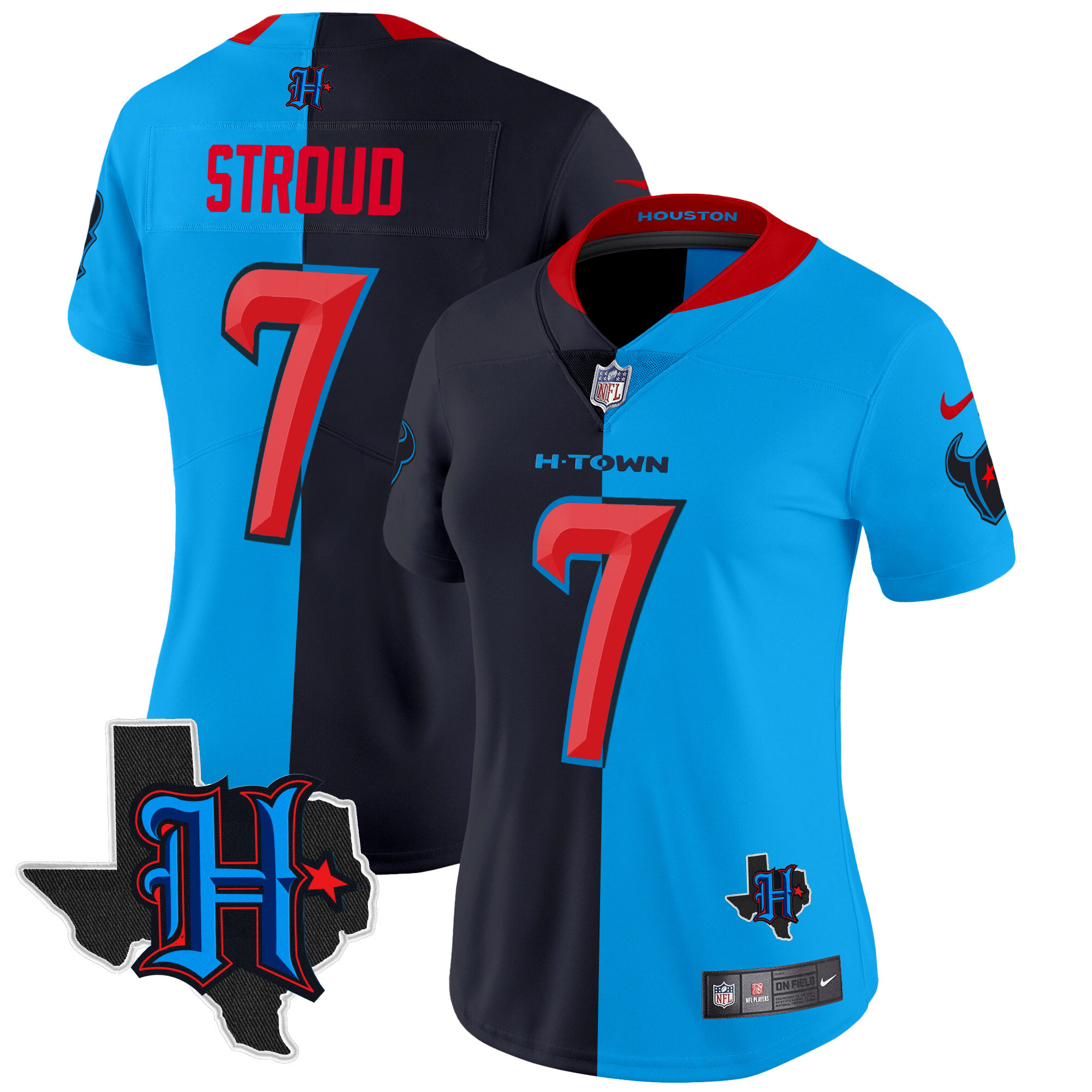 Women's C.J. Stroud Houston Texans 2024 Texas Patch Vapor Limited Split Jersey V2 - All Stitched