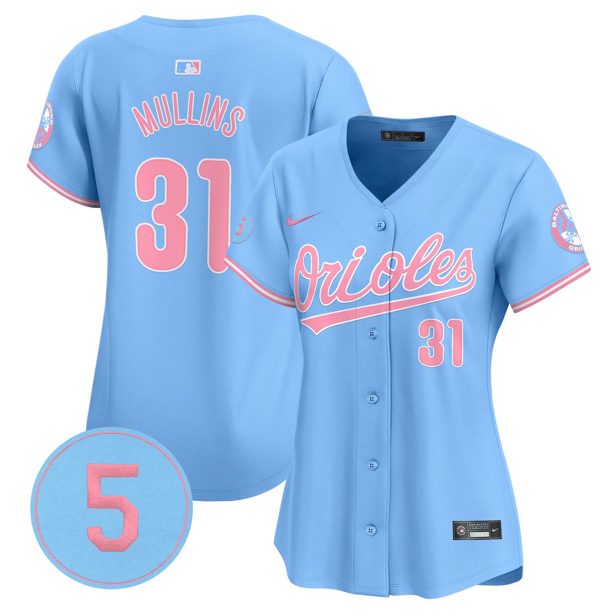 Women's Cedric Mullins Baltimore Orioles Bubblegum Pink Robinson Patch Vapor Premier Limited Light Blue Jersey - All Stitched