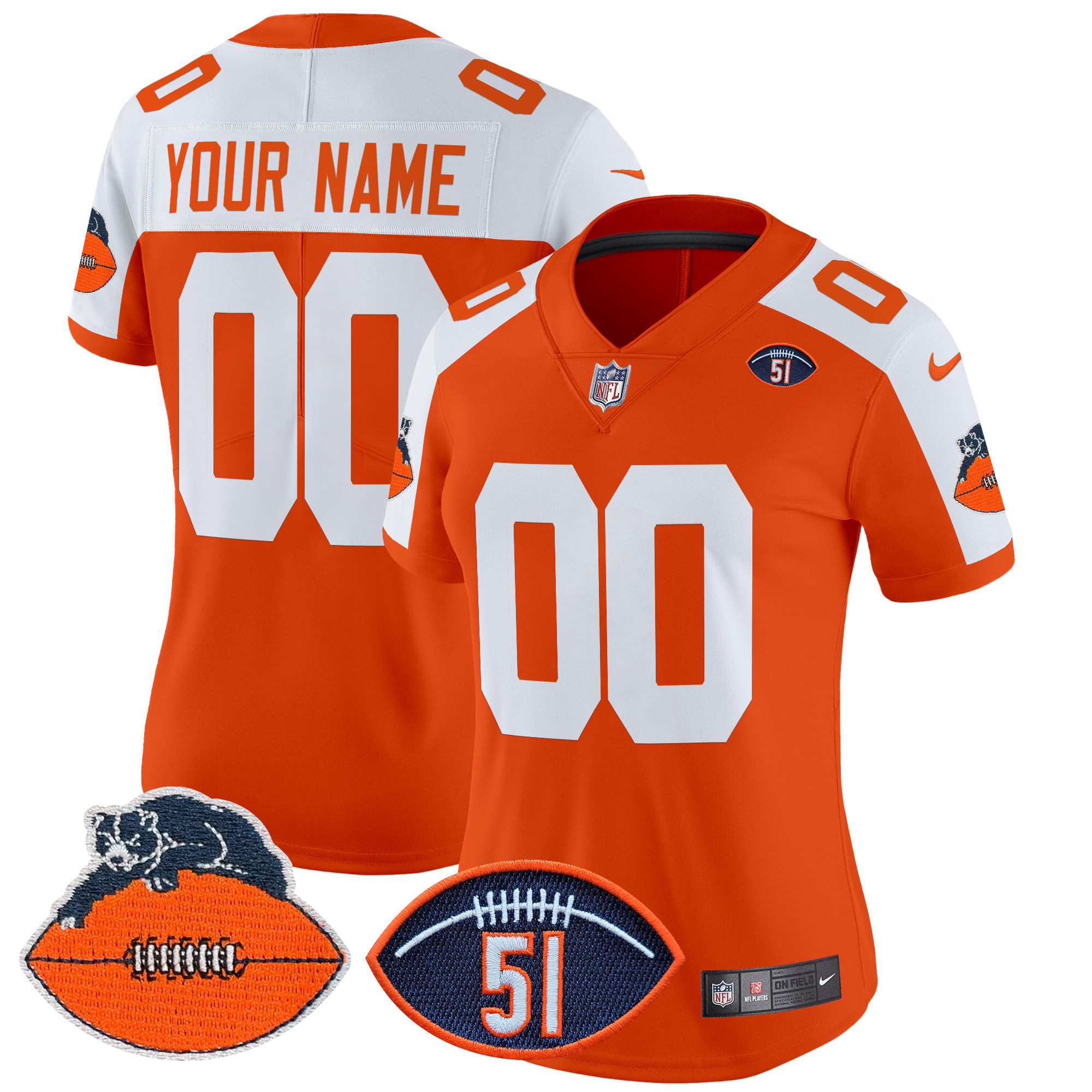 Women's Chicago Bears Dick Butkus Patch Throwback Vapor Limited Custom Orange Alternate Jersey - All Stitched