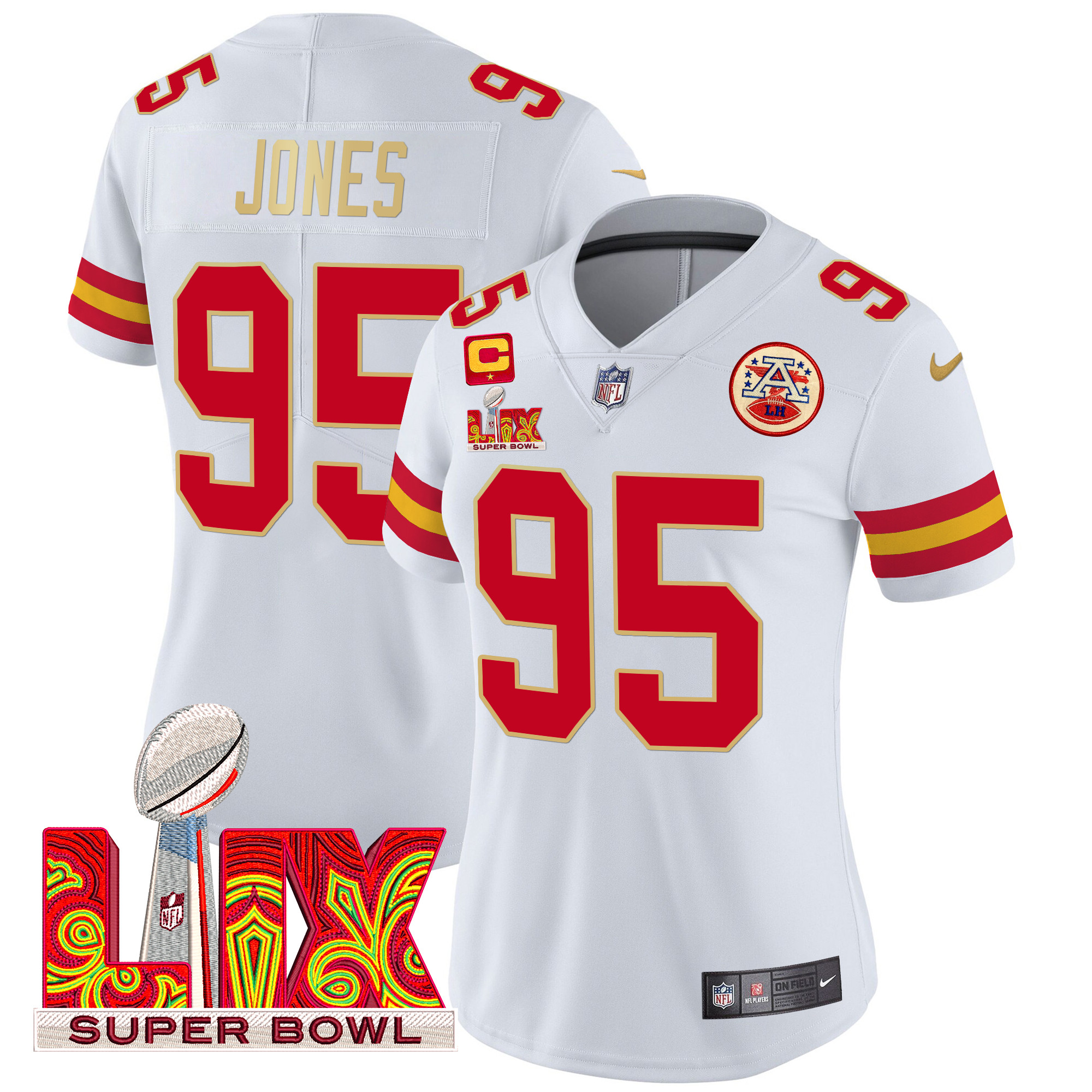 Women's Chris Jones Kansas City Chiefs Super Bowl LIX Patch Gold Trim Vapor Limited White Jersey - All Stitched