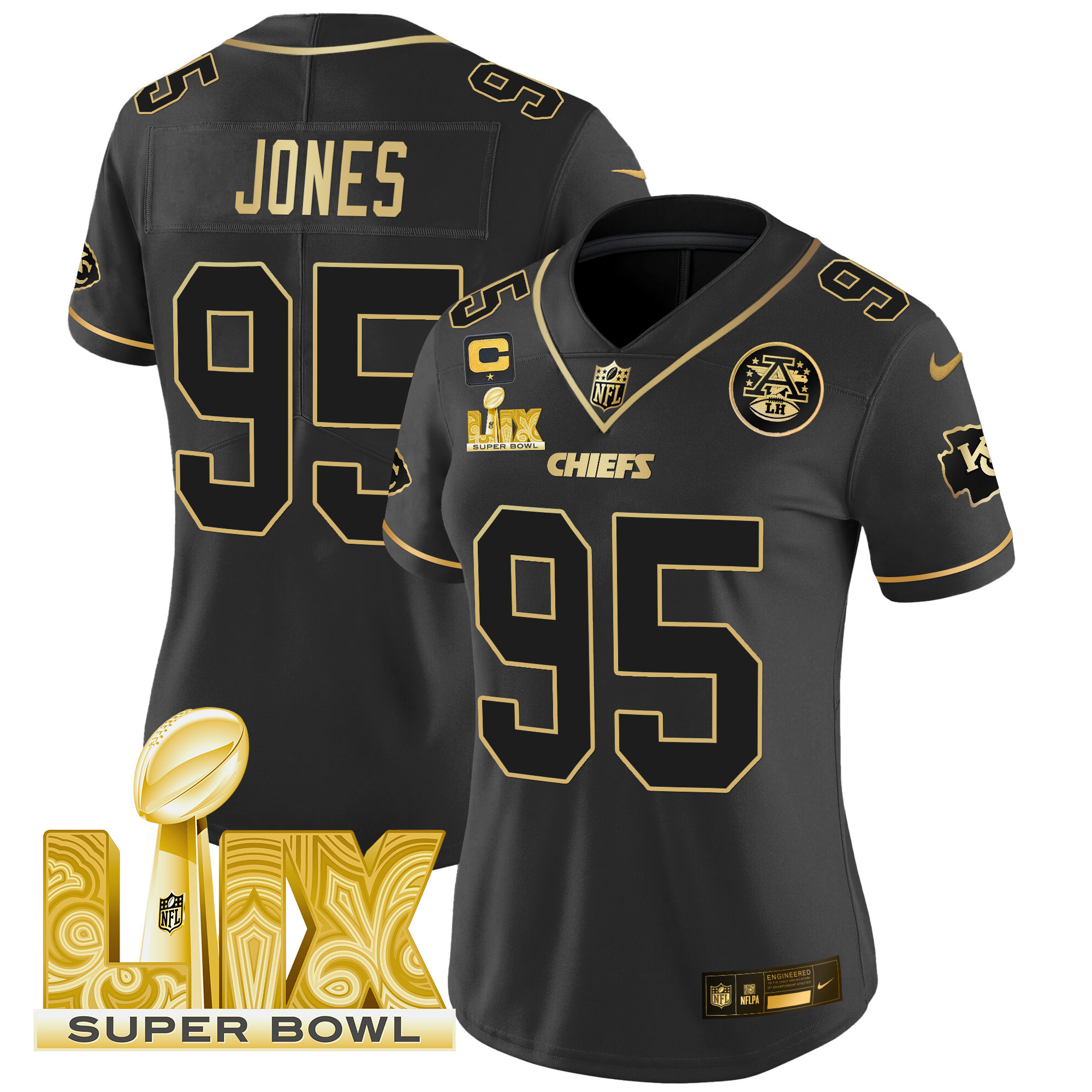 Women's Chris Jones Kansas City Chiefs Super Bowl LIX Patch Gold Vapor Limited Black Gold Jersey - All Stitched