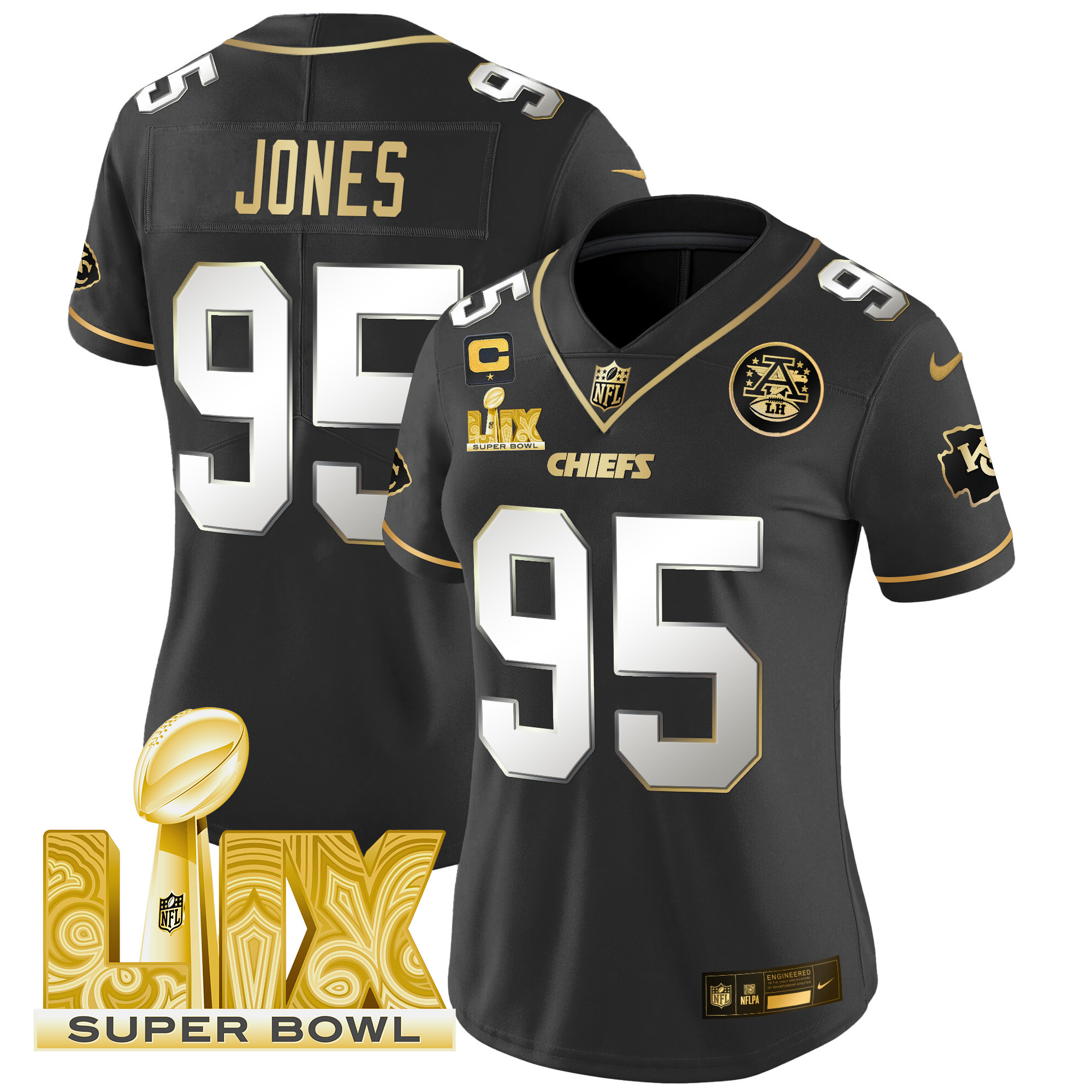 Women's Chris Jones Kansas City Chiefs Super Bowl LIX Patch Gold Vapor Limited Black Limited Jersey - All Stitched