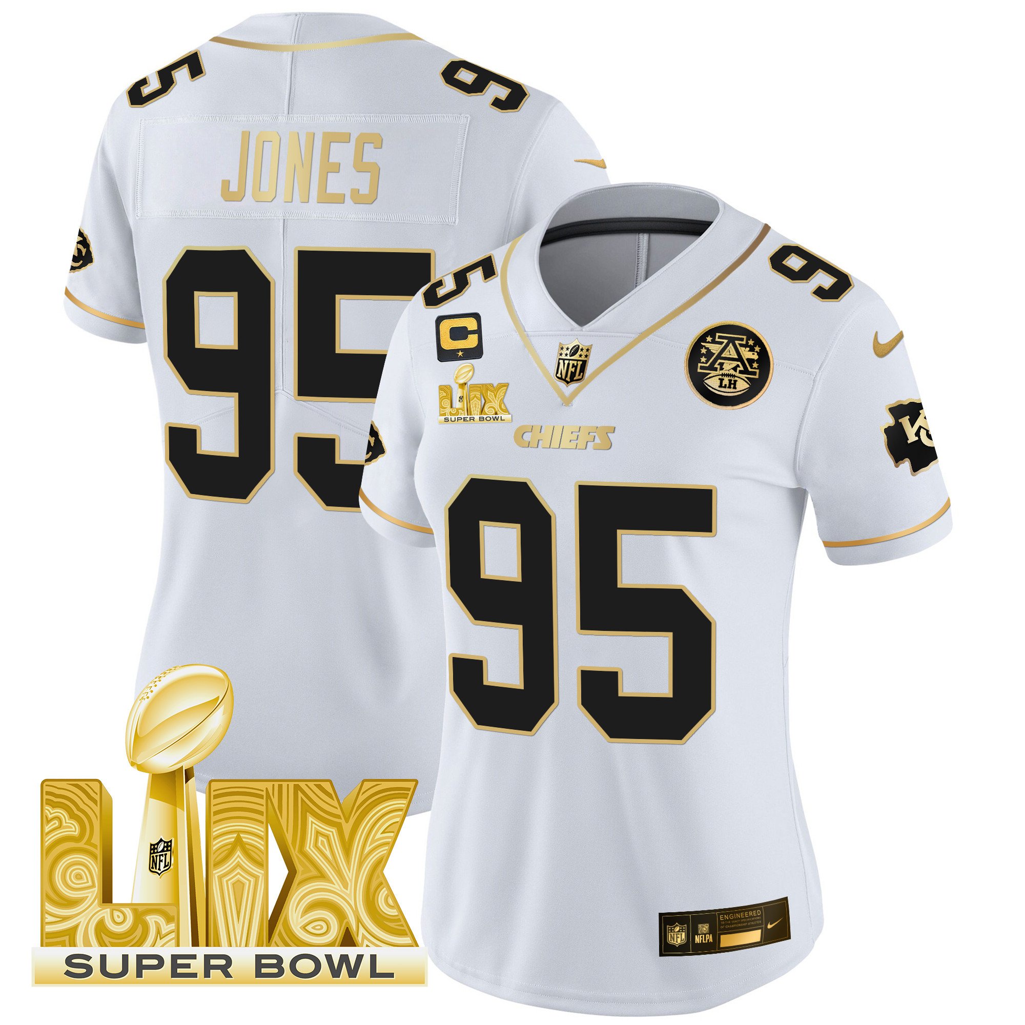 Women's Chris Jones Kansas City Chiefs Super Bowl LIX Patch Gold Vapor Limited White Gold Jersey - All Stitched