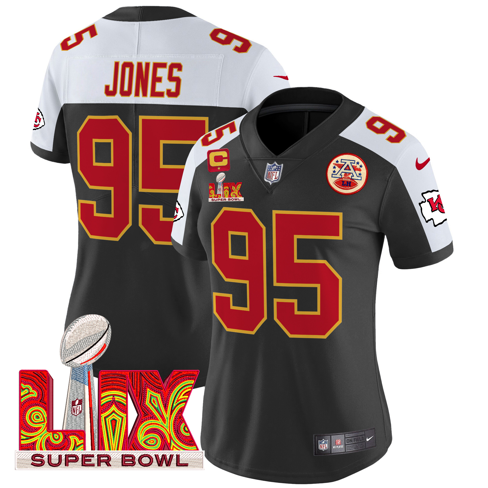 Women's Chris Jones Kansas City Chiefs Super Bowl LIX Patch Vapor Limited Black Alternate Jersey - All Stitched