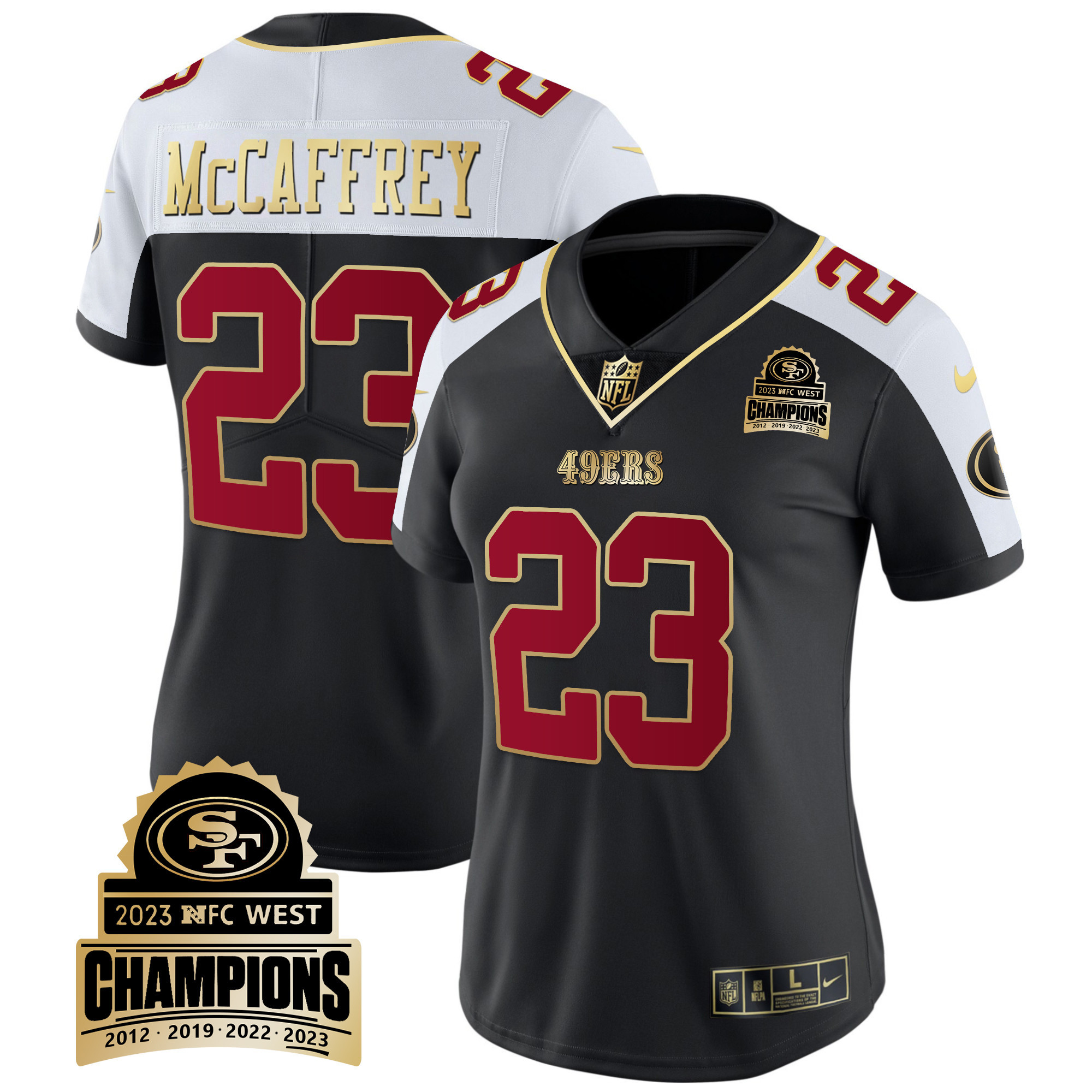 Women's Christian McCaffrey San Francisco 49ers 2023 NFC West Champions Patch Vapor Black Alternate Jersey V4 - All Stitched