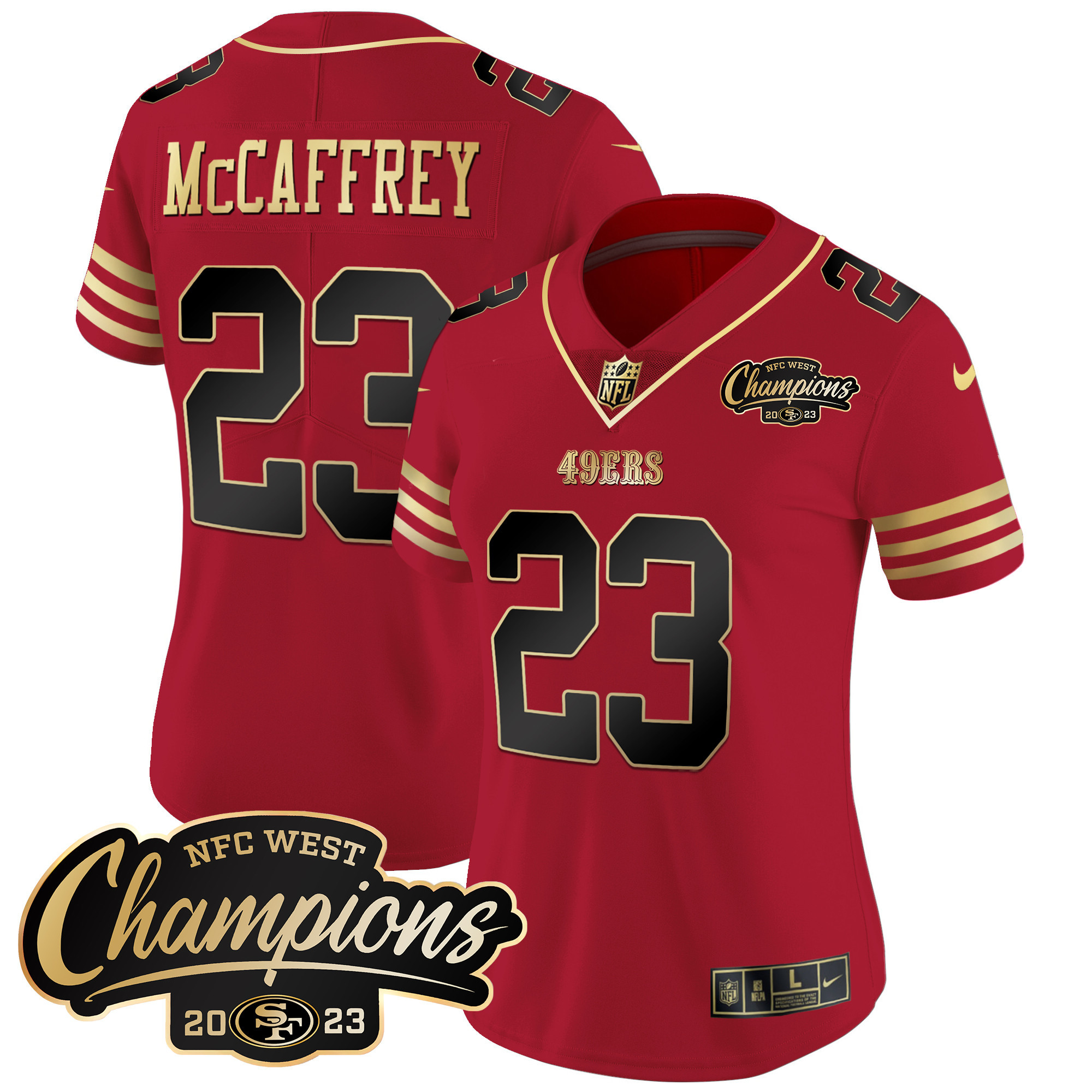 Women's Christian McCaffrey San Francisco 49ers 2023 NFC West Champions Patch Vapor Black Scarlet Jersey - All Stitched