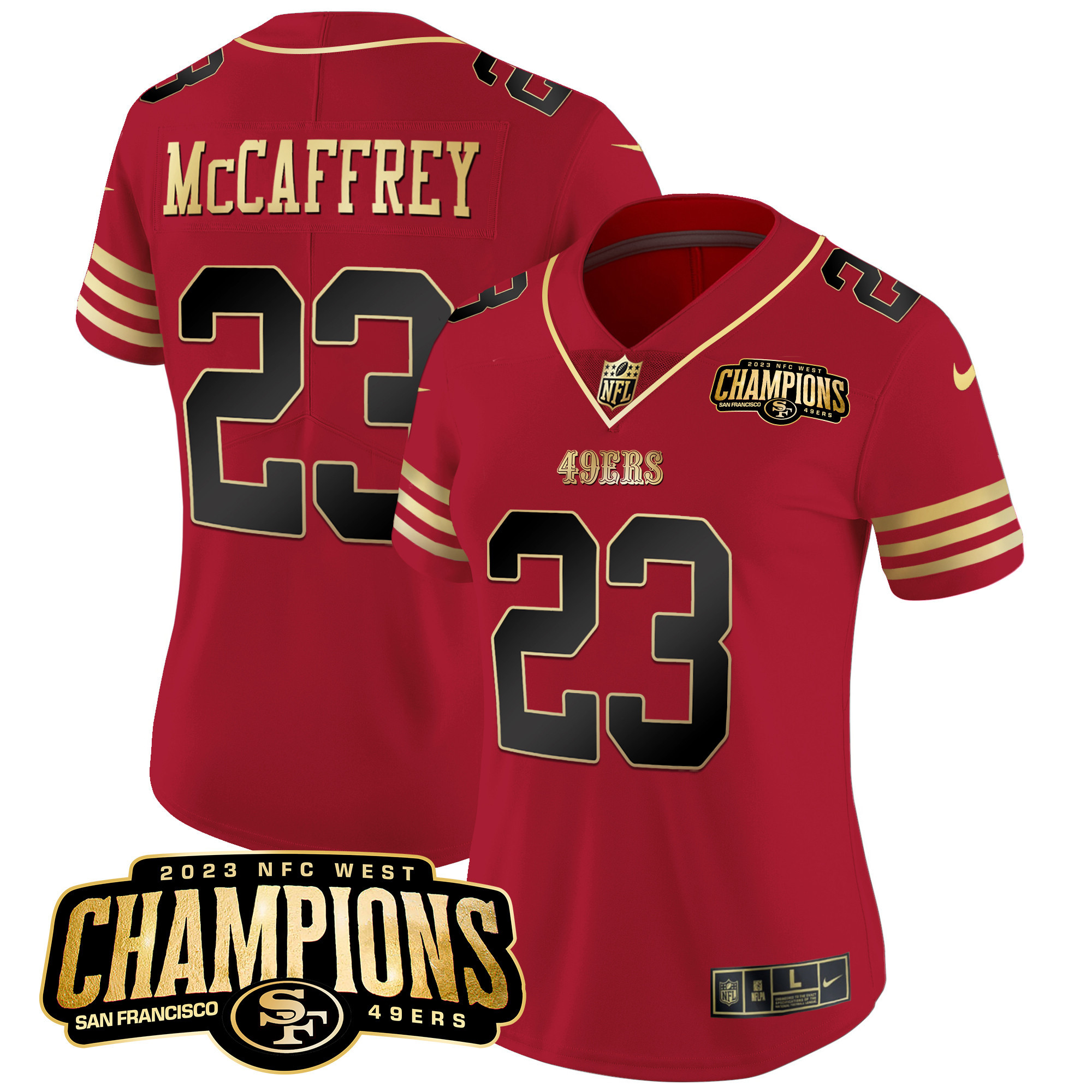 Women's Christian McCaffrey San Francisco 49ers 2023 NFC West Champions Patch Vapor Black Scarlet Jersey V2 - All Stitched