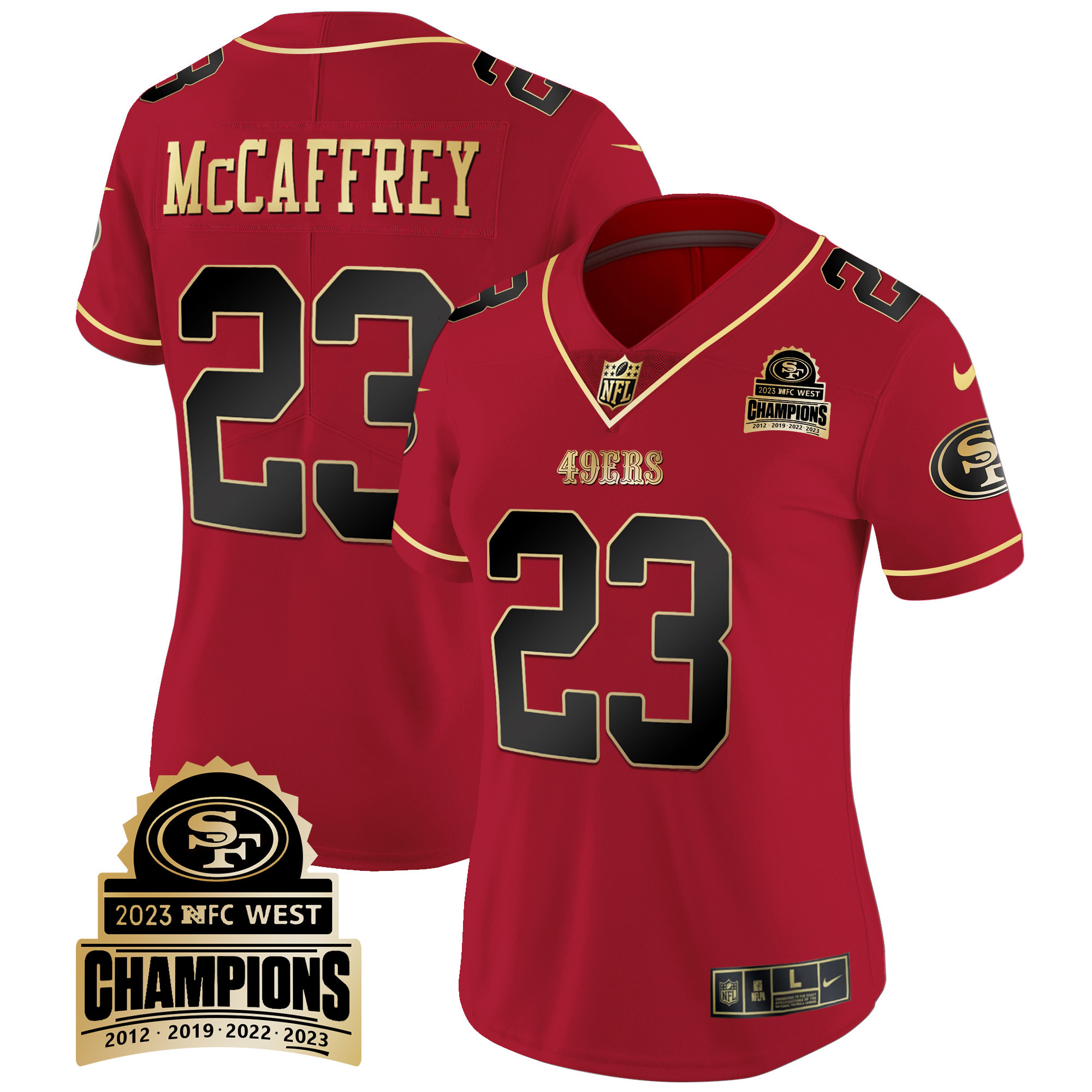 Women's Christian McCaffrey San Francisco 49ers 2023 NFC West Champions Patch Vapor Scarlet Limited Jersey V4 - All Stitched