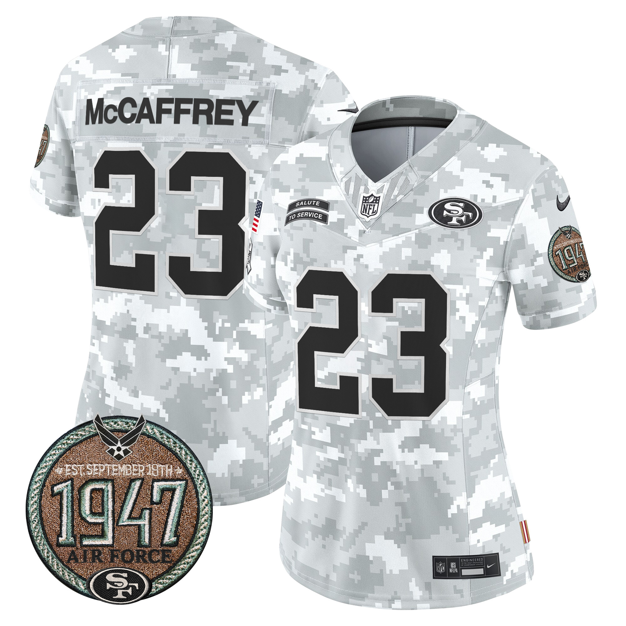 Women's Christian McCaffrey San Francisco 49ers 2024 Salute to Service Establishment Year Patch Vapor Limited Air Force Jersey - All Stitched