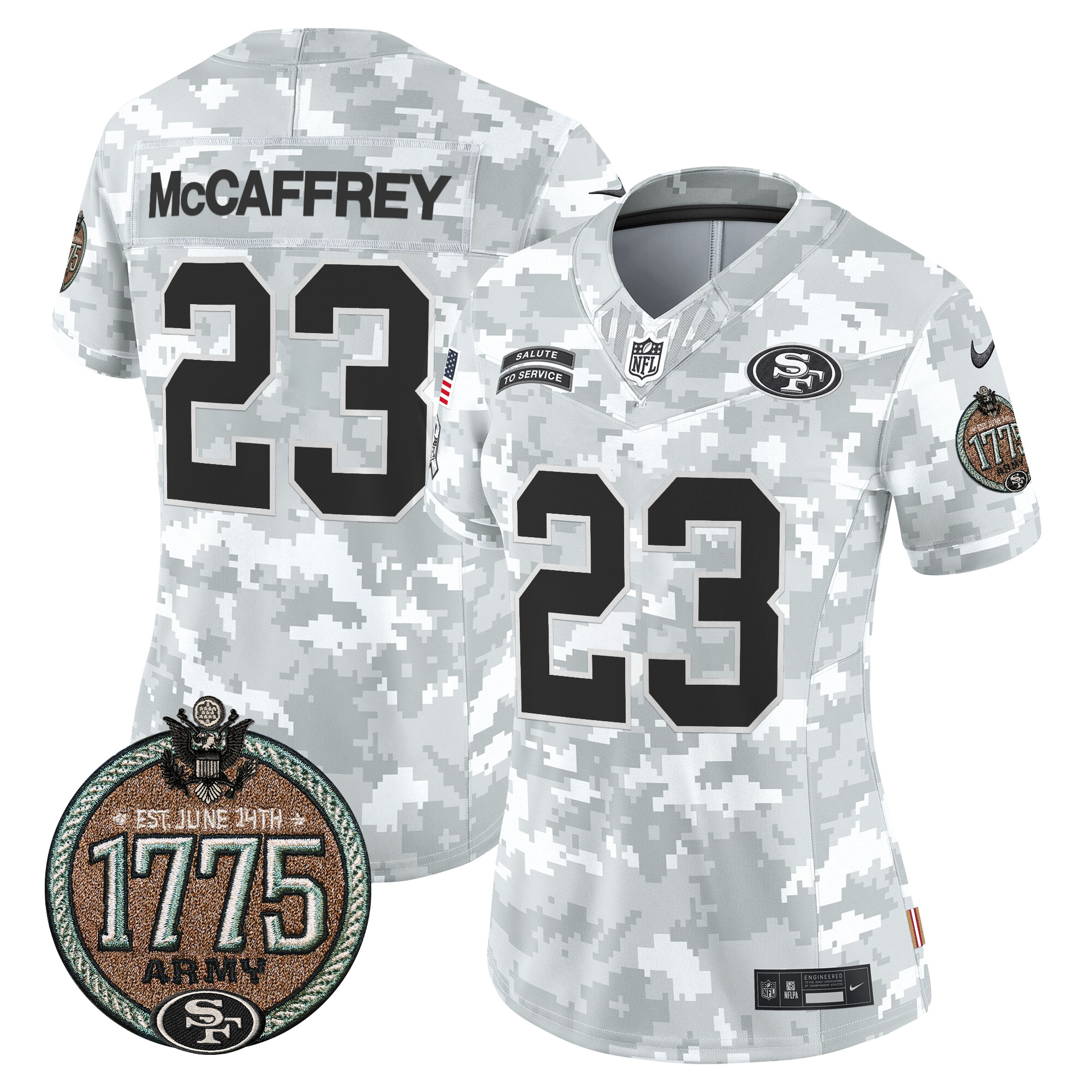 Women's Christian McCaffrey San Francisco 49ers 2024 Salute to Service Establishment Year Patch Vapor Limited Army Jersey - All Stitched