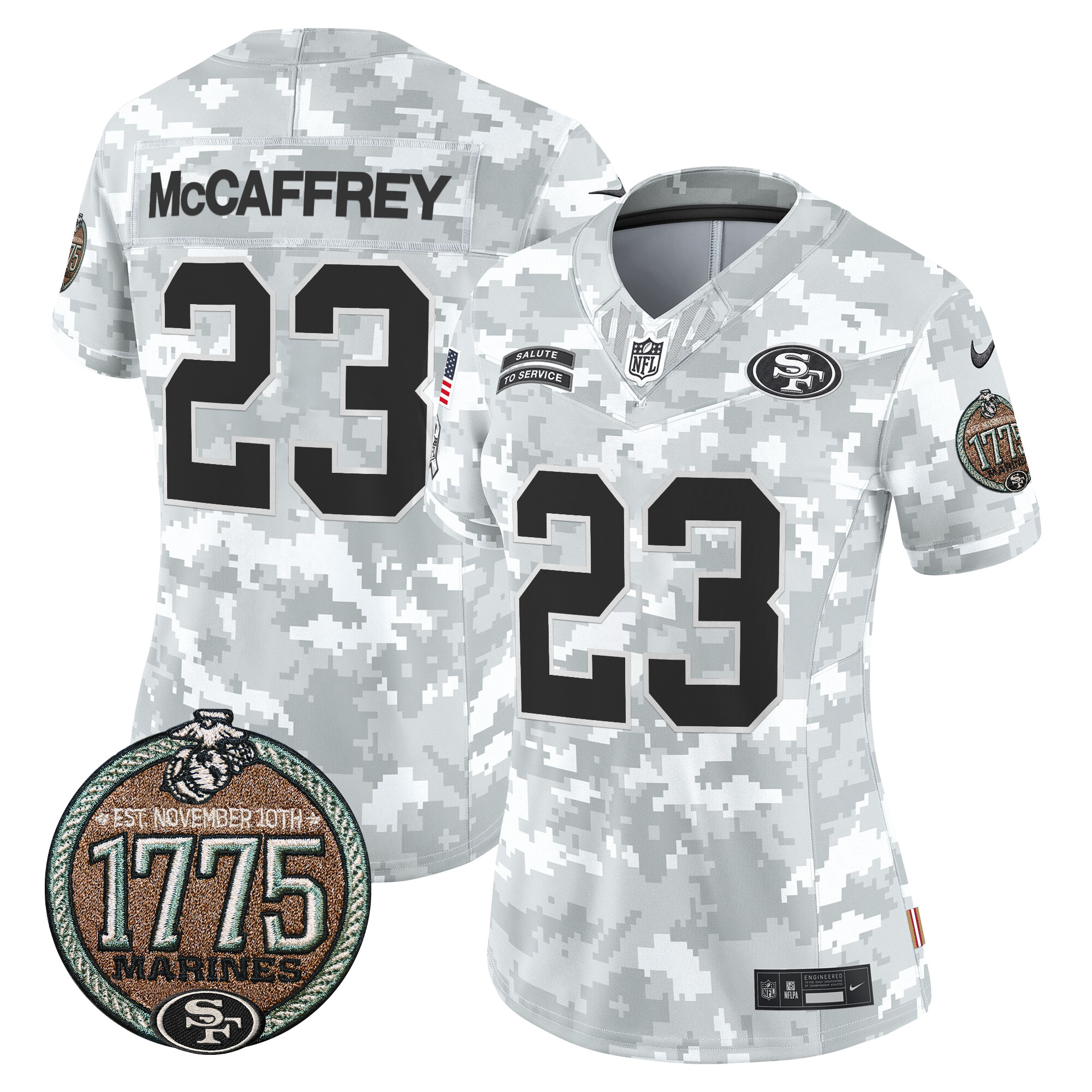 Women's Christian McCaffrey San Francisco 49ers 2024 Salute to Service Establishment Year Patch Vapor Limited Marines Jersey - All Stitched