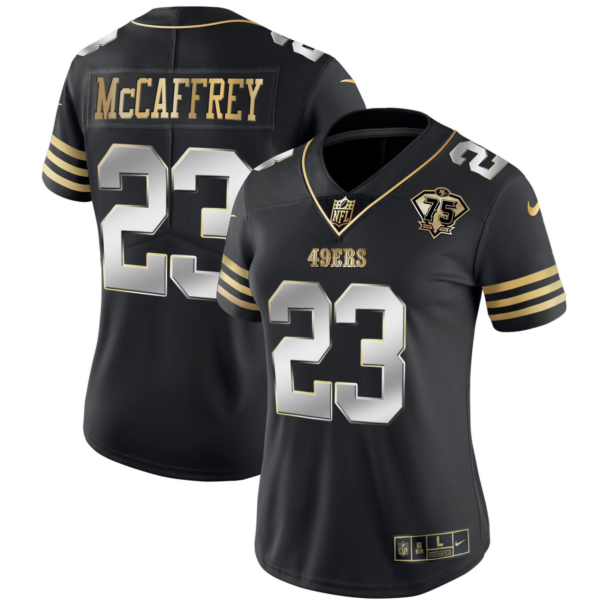Women's Christian McCaffrey San Francisco 49ers 75th Anniversary Patch Vapor Gold Black Limited Jersey - All Stitched