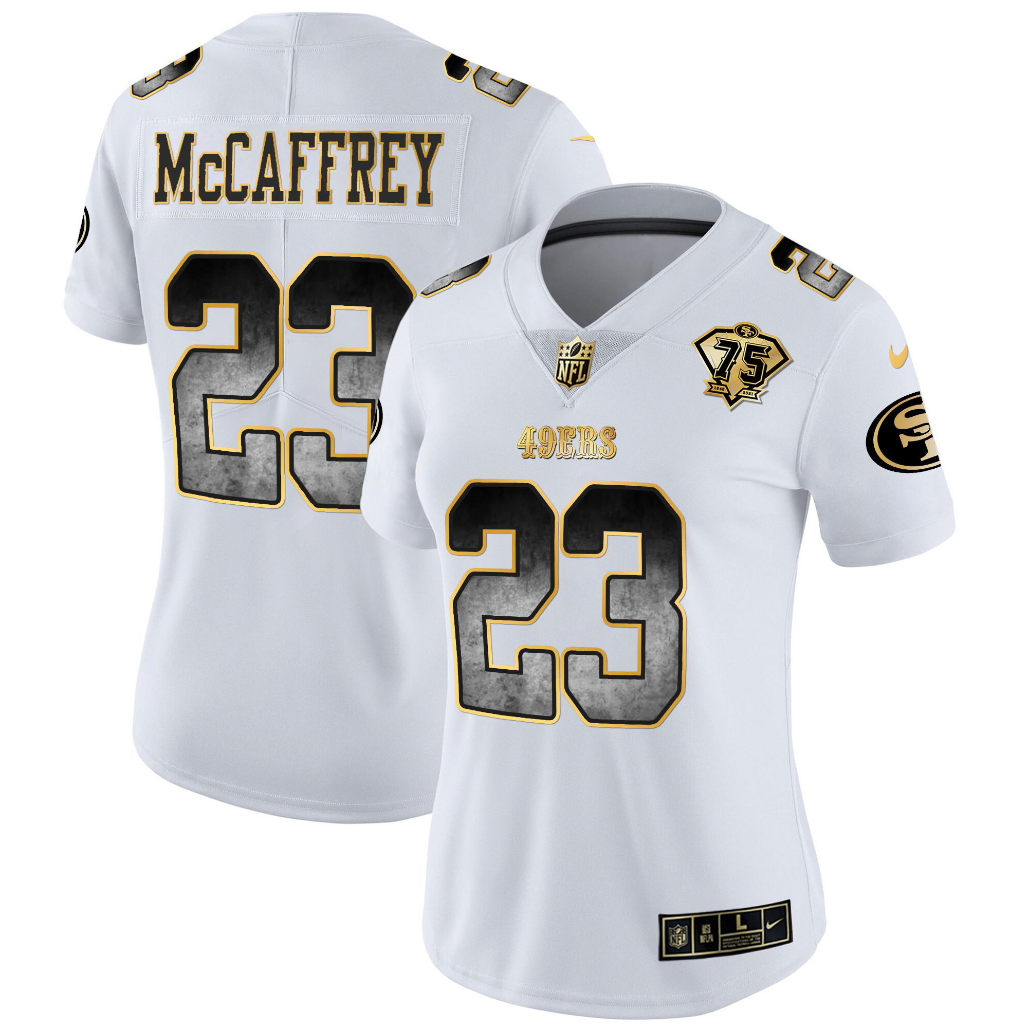 Women's Christian McCaffrey San Francisco 49ers Arch Smoke Vapor White Gold Jersey - All Stitched
