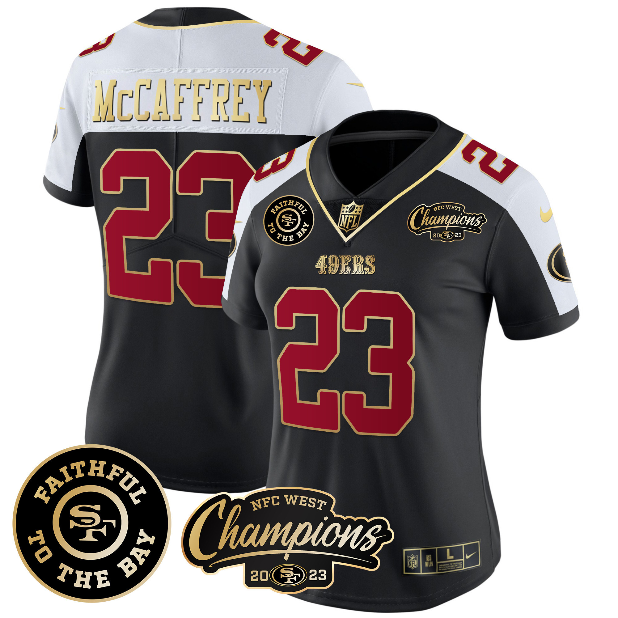 Women's Christian McCaffrey San Francisco 49ers Faithful & 2023 NFC West Champions Patch Vapor Black Alternate Jersey - All Stitched