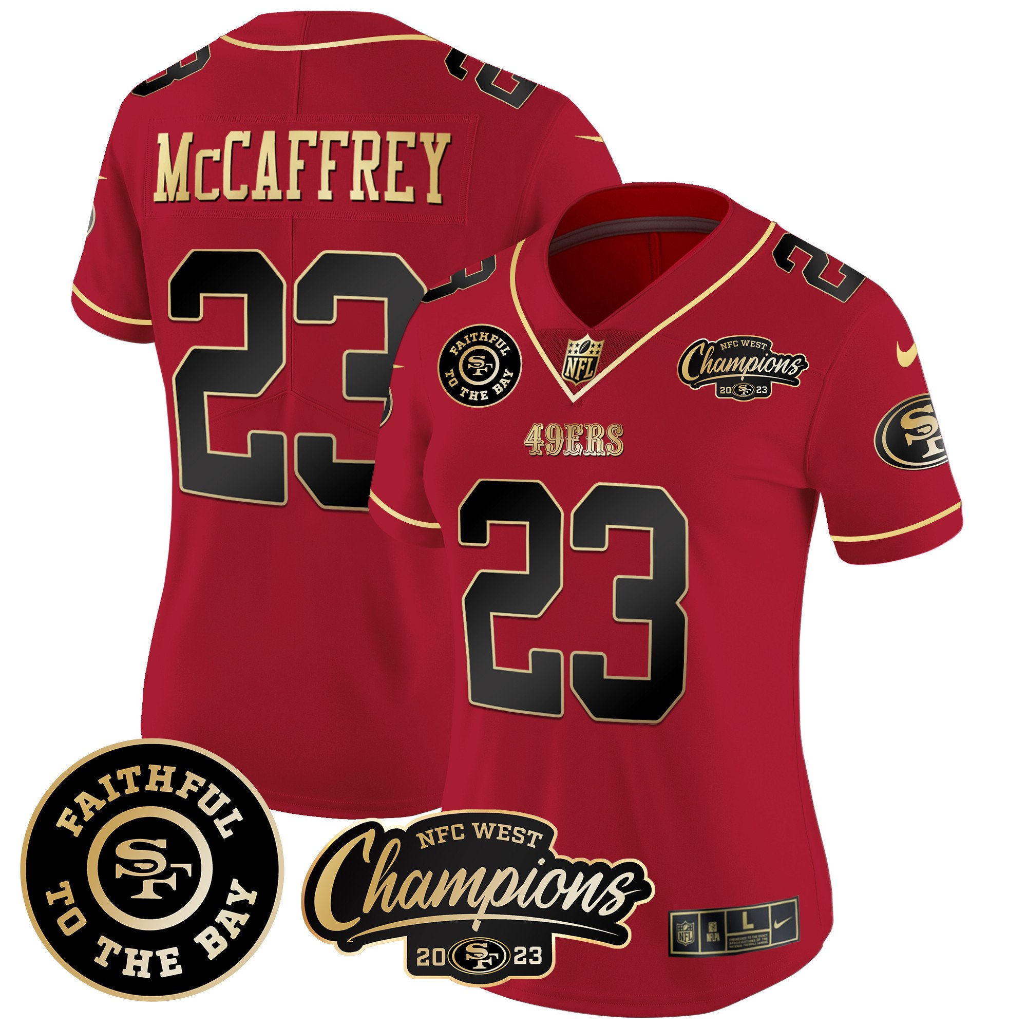 Women's Christian McCaffrey San Francisco 49ers Faithful & 2023 NFC West Champions Patch Vapor Scarlet Limited Jersey - All Stitched