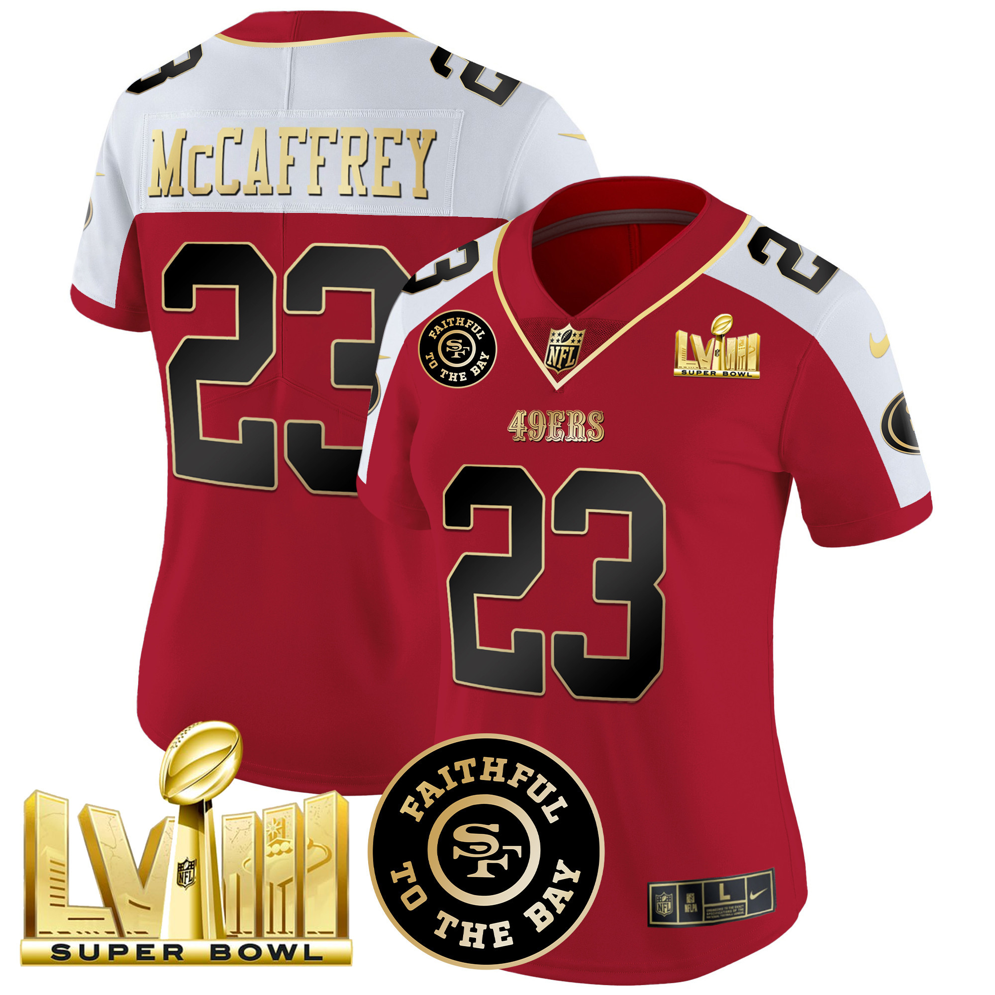 Women's Christian McCaffrey San Francisco 49ers Faithful & Super Bowl LVIII Gold Patch Vapor Alternate Jersey - All Stitched