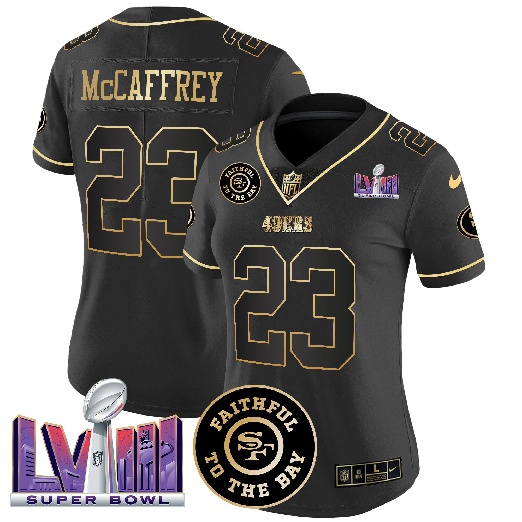 Women's Christian McCaffrey San Francisco 49ers Faithful & Super Bowl LVIII Patch Vapor Black Gold Jersey V2 - All Stitched