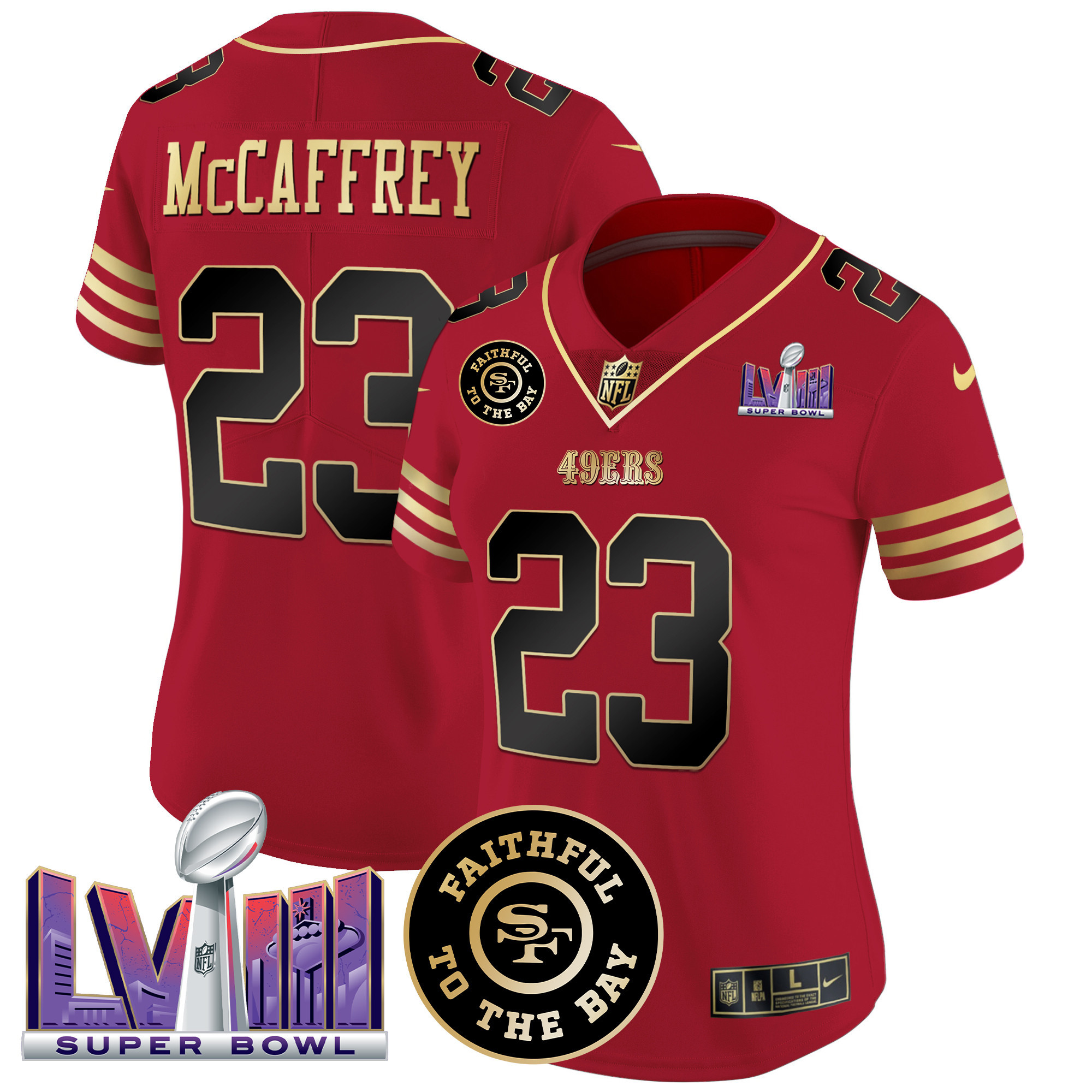 Women's Christian McCaffrey San Francisco 49ers Faithful & Super Bowl LVIII Patch Vapor Black Scarlet Jersey - All Stitched