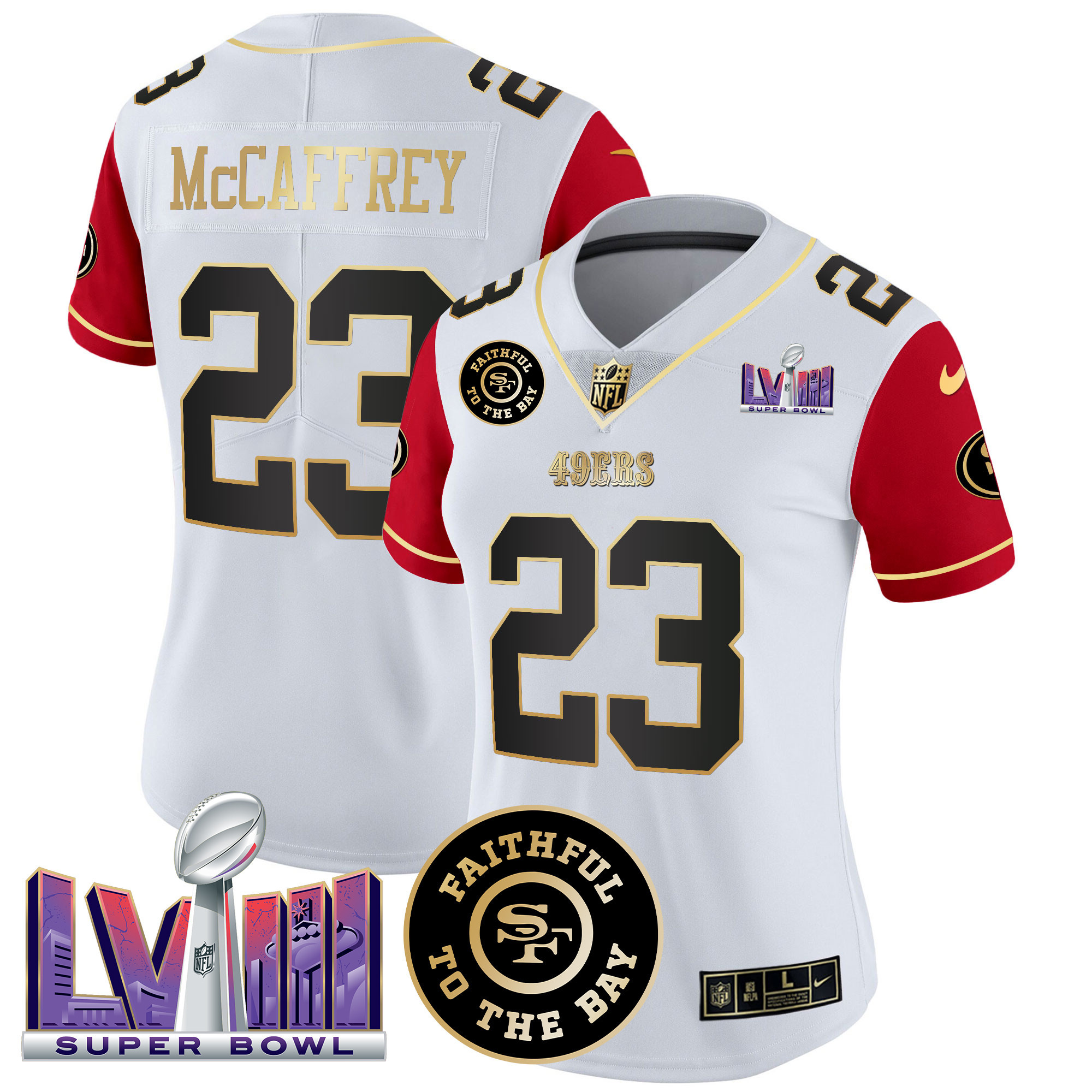 Women's Christian McCaffrey San Francisco 49ers Faithful & Super Bowl LVIII Patch Vapor Color Sleeves Jersey V2 - All Stitched