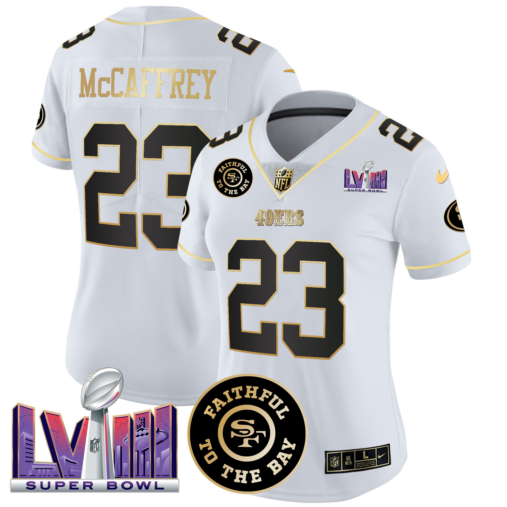 Women's Christian McCaffrey San Francisco 49ers Faithful & Super Bowl LVIII Patch Vapor White Gold Jersey V2 - All Stitched