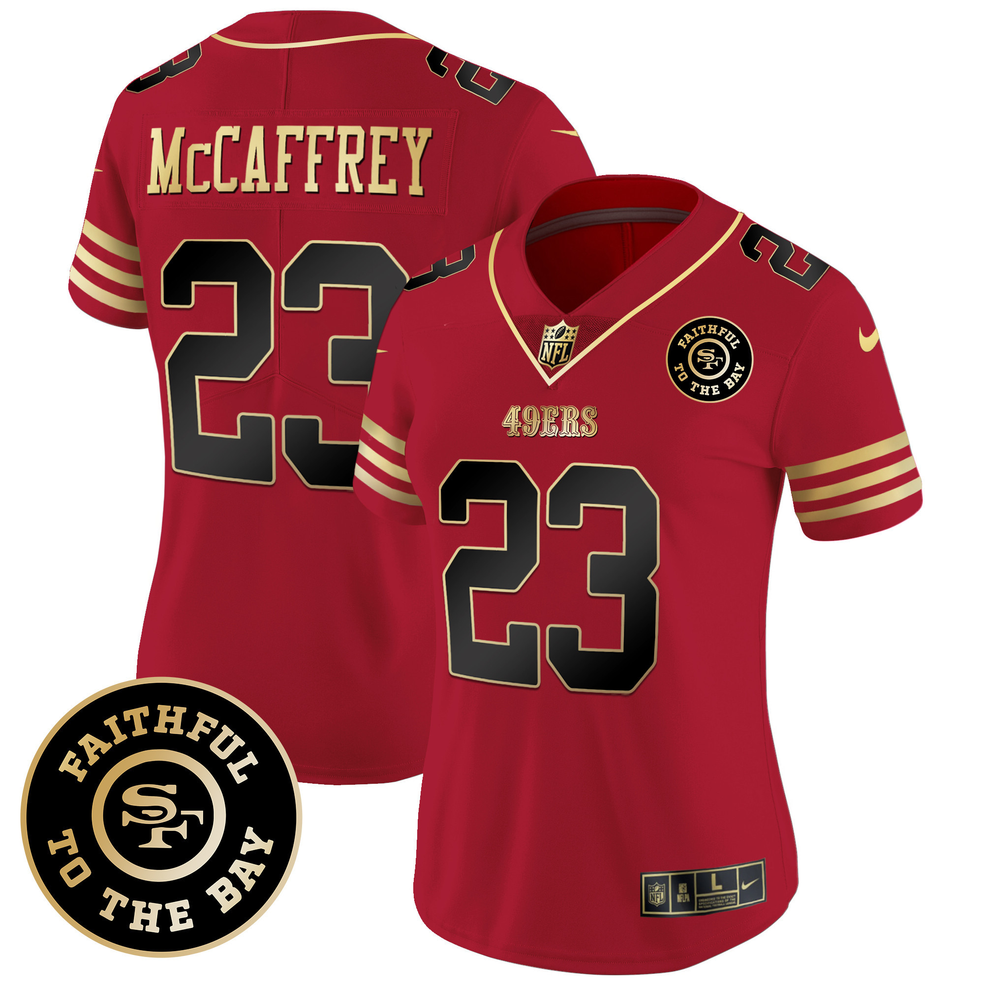 Women's Christian McCaffrey San Francisco 49ers Faithful To The Bay Patch Vapor Limited Black Scarlet Jersey V7 - All Stitched