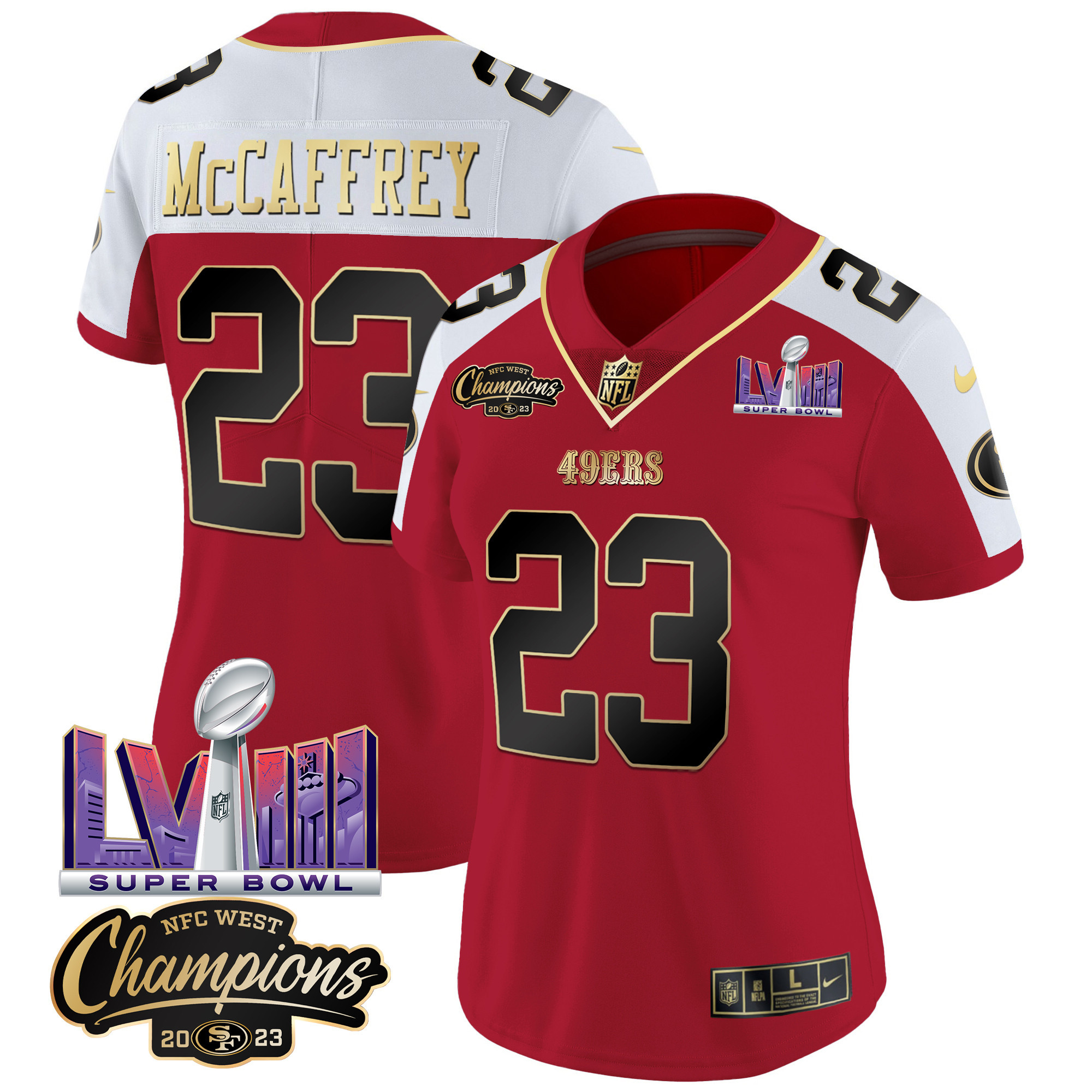 Women's Christian McCaffrey San Francisco 49ers NFC West Champions & Super Bowl LVIII Patch Vapor Alternate Jersey V2 - All Stitched