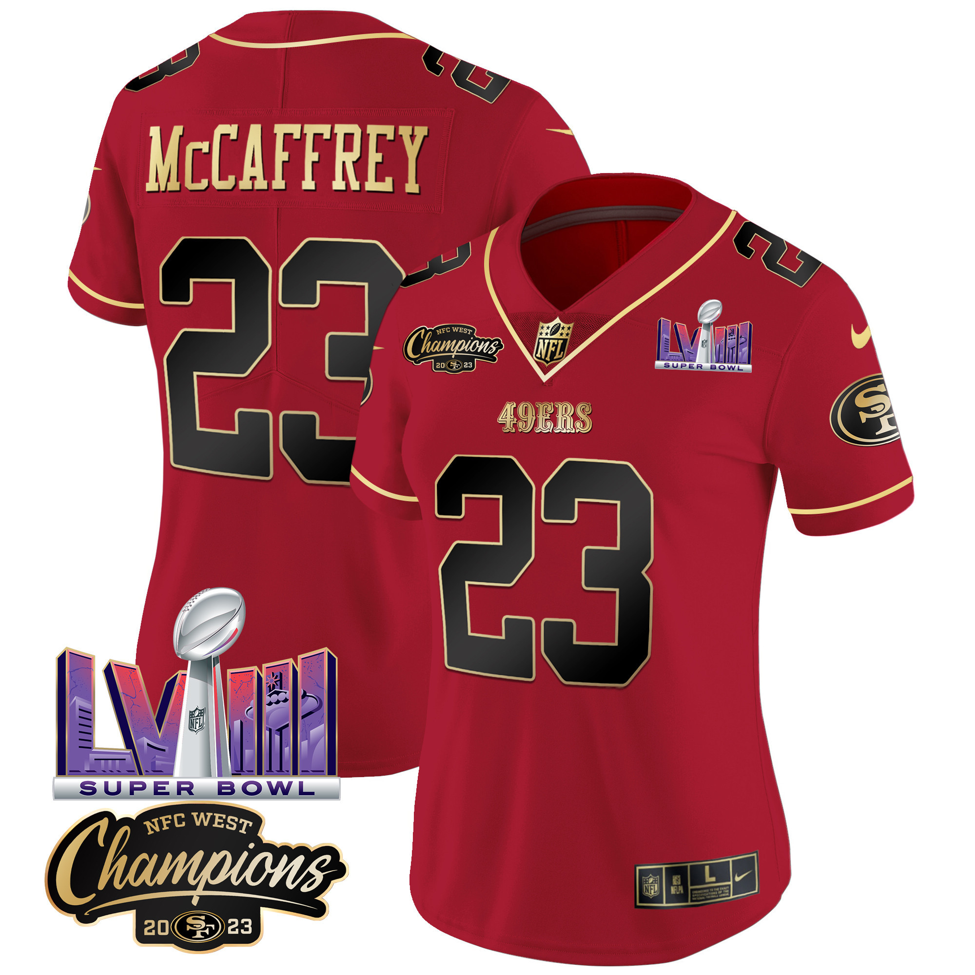 Women's Christian McCaffrey San Francisco 49ers NFC West Champions & Super Bowl LVIII Patch Vapor Scarlet Limited Jersey V2 - All Stitched