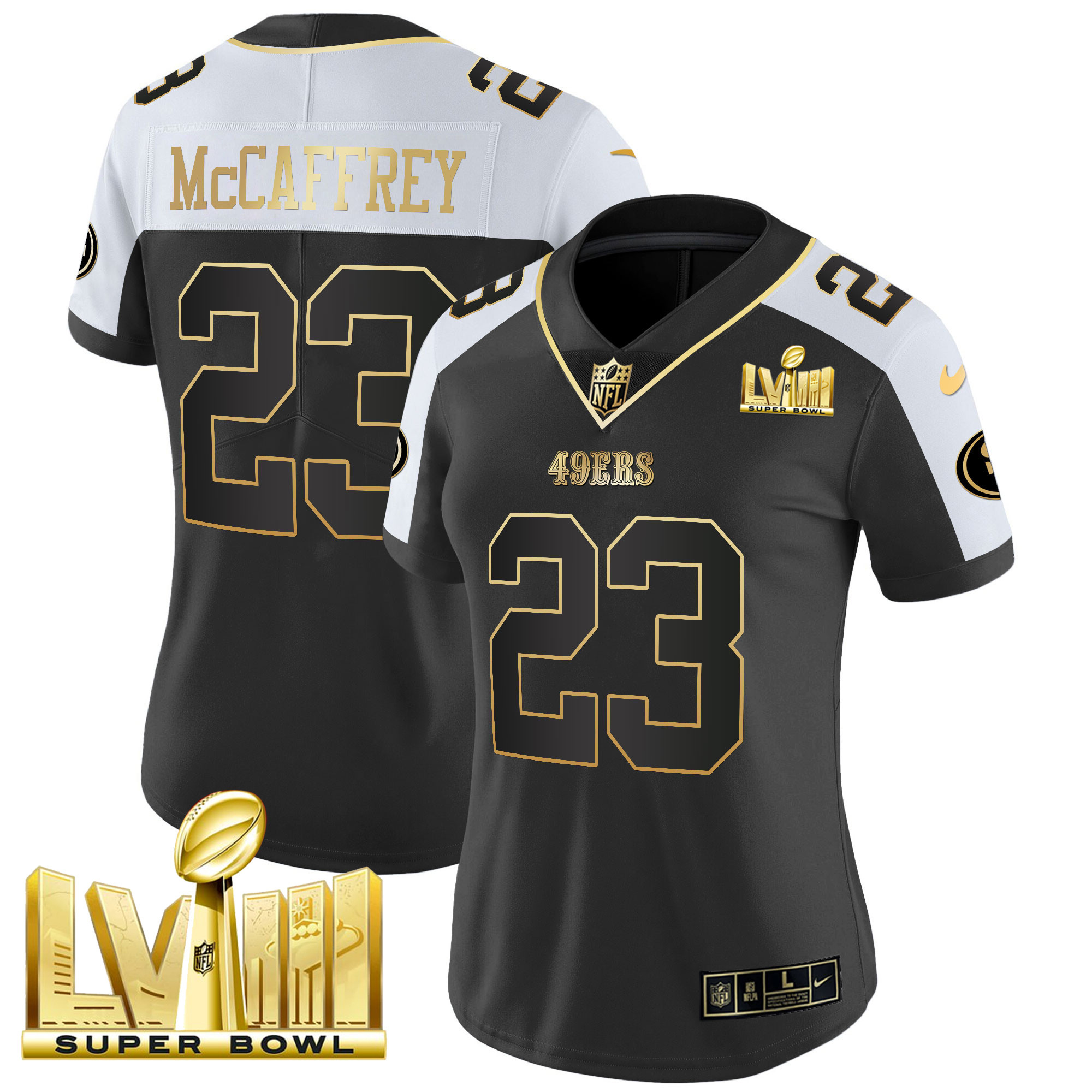 Women's Christian McCaffrey San Francisco 49ers Super Bowl LVIII Gold Patch Vapor Black Alternate Jersey V2 - All Stitched