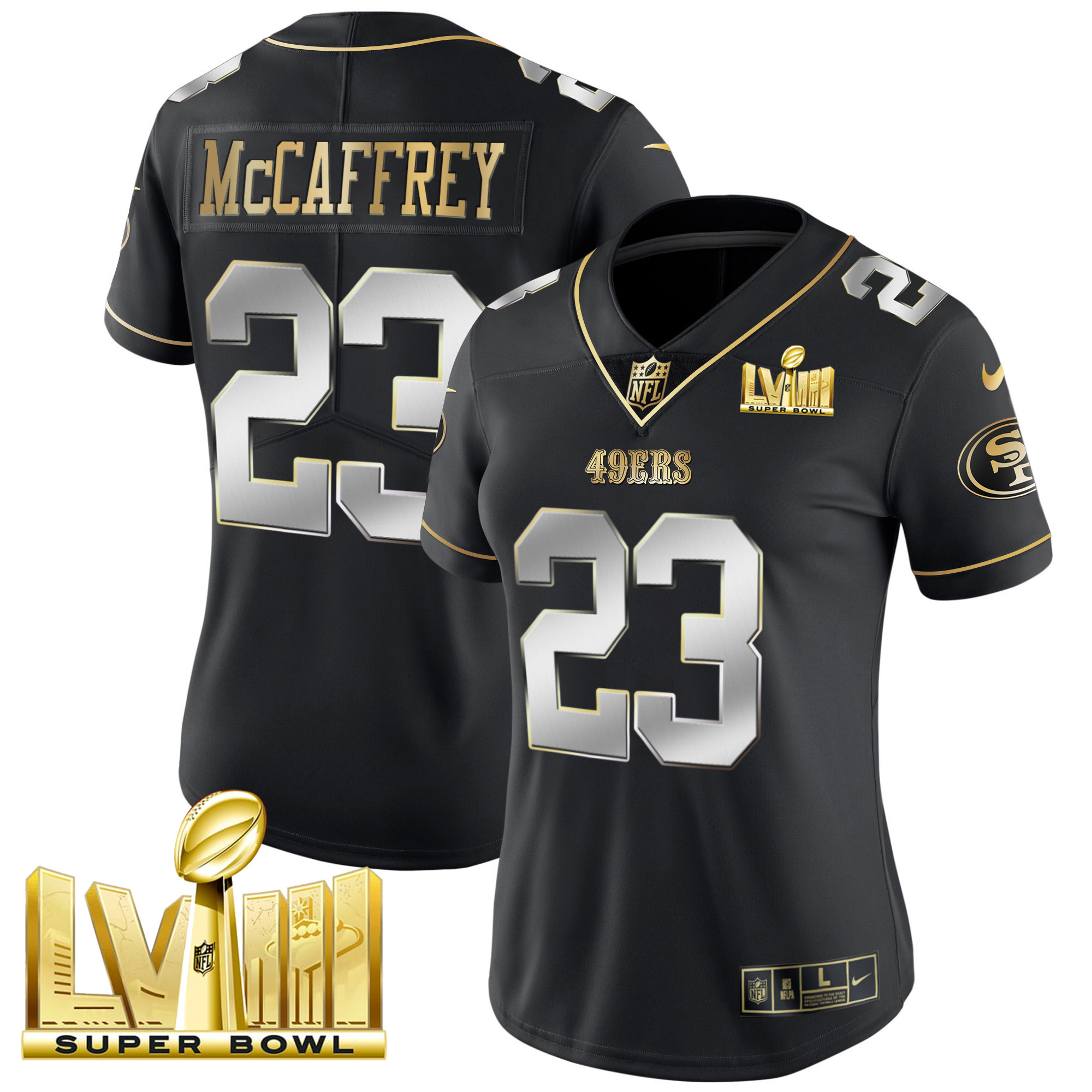 Women's Christian McCaffrey San Francisco 49ers Super Bowl LVIII Gold Patch Vapor Black Limited Jersey - All Stitched
