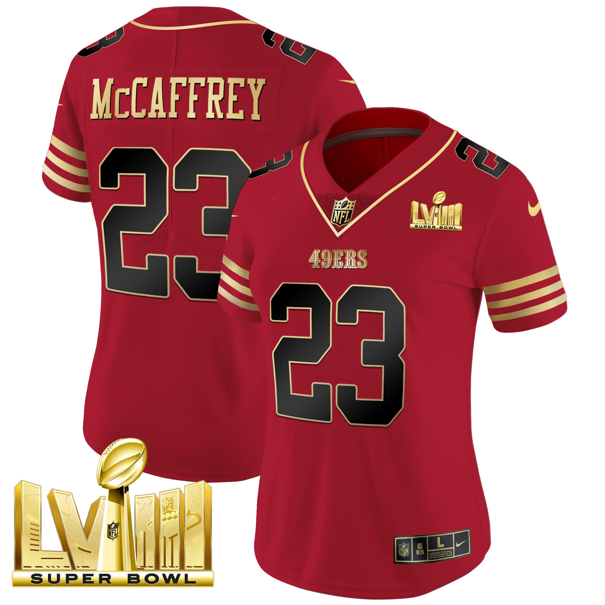 Women's Christian McCaffrey San Francisco 49ers Super Bowl LVIII Gold Patch Vapor Black Scarlet Jersey - All Stitched