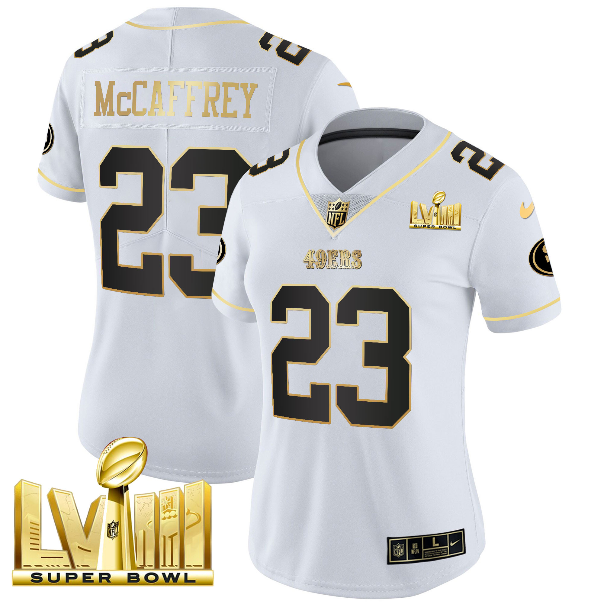 Women's Christian McCaffrey San Francisco 49ers Super Bowl LVIII Gold Patch Vapor White Gold Jersey V2 - All Stitched