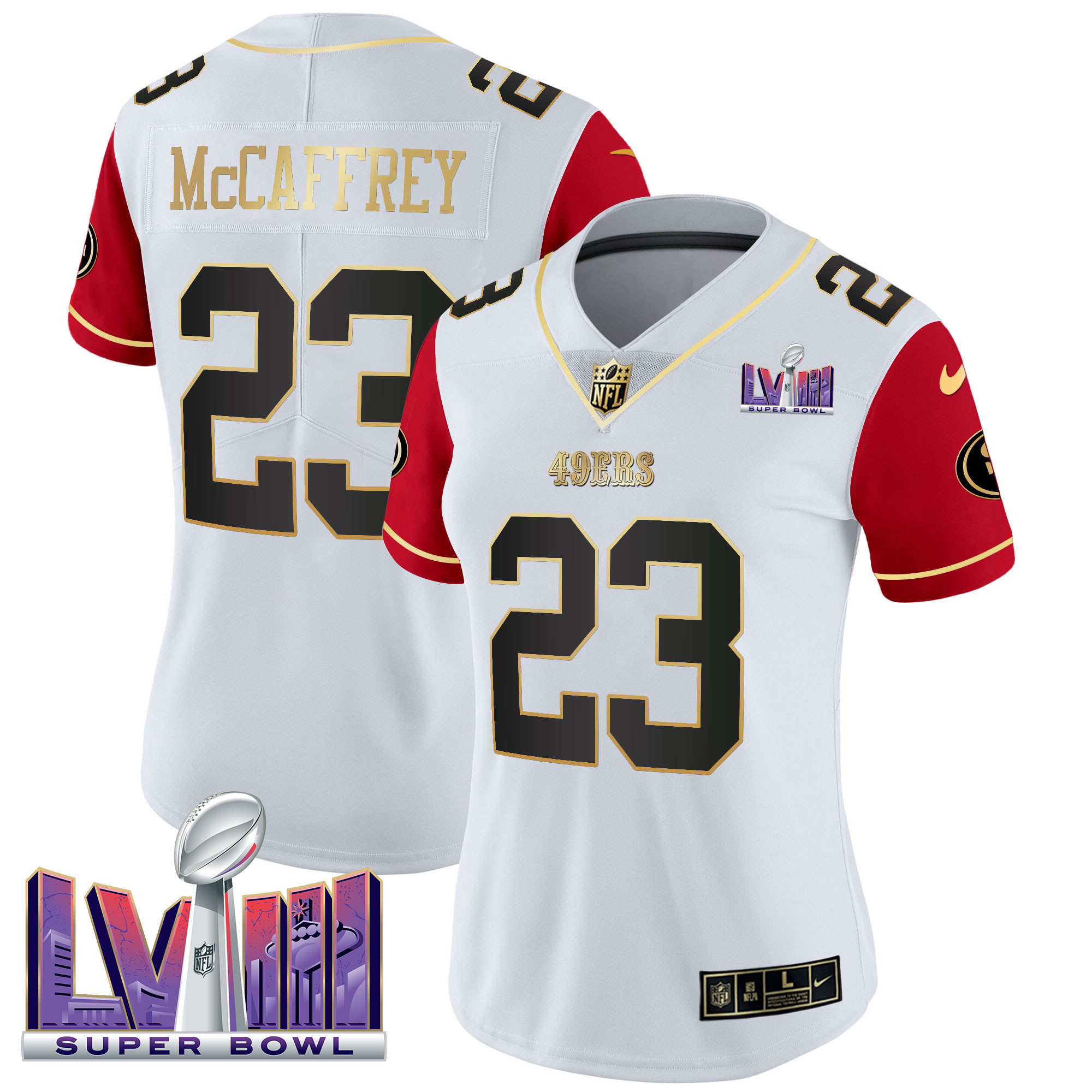 Women's Christian McCaffrey San Francisco 49ers Super Bowl LVIII Patch Vapor Color Sleeves Jersey V2 - All Stitched
