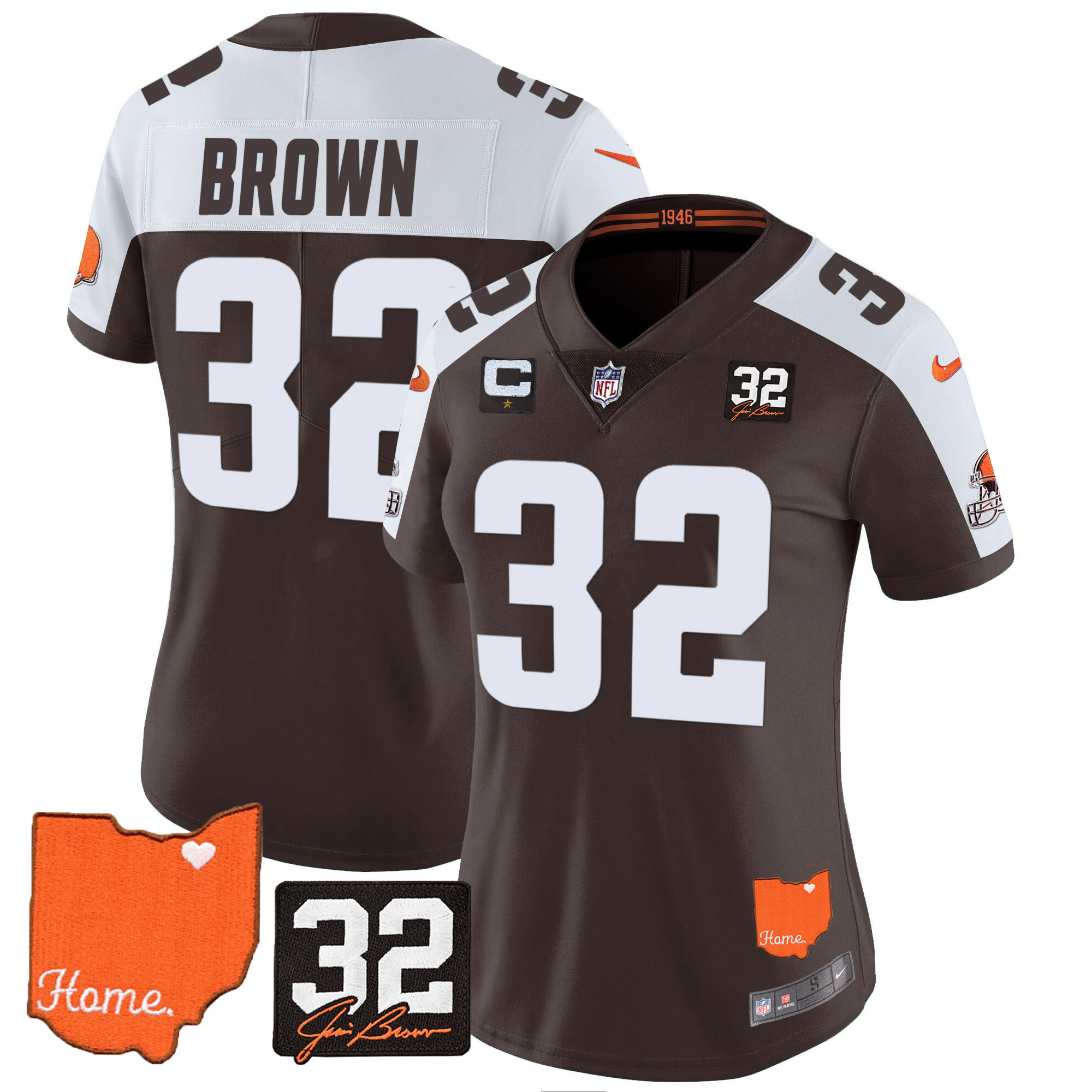 Women's Cleveland Browns #32 Jim Brown Memorial & Home Patch Alternate Jersey - All Stitched