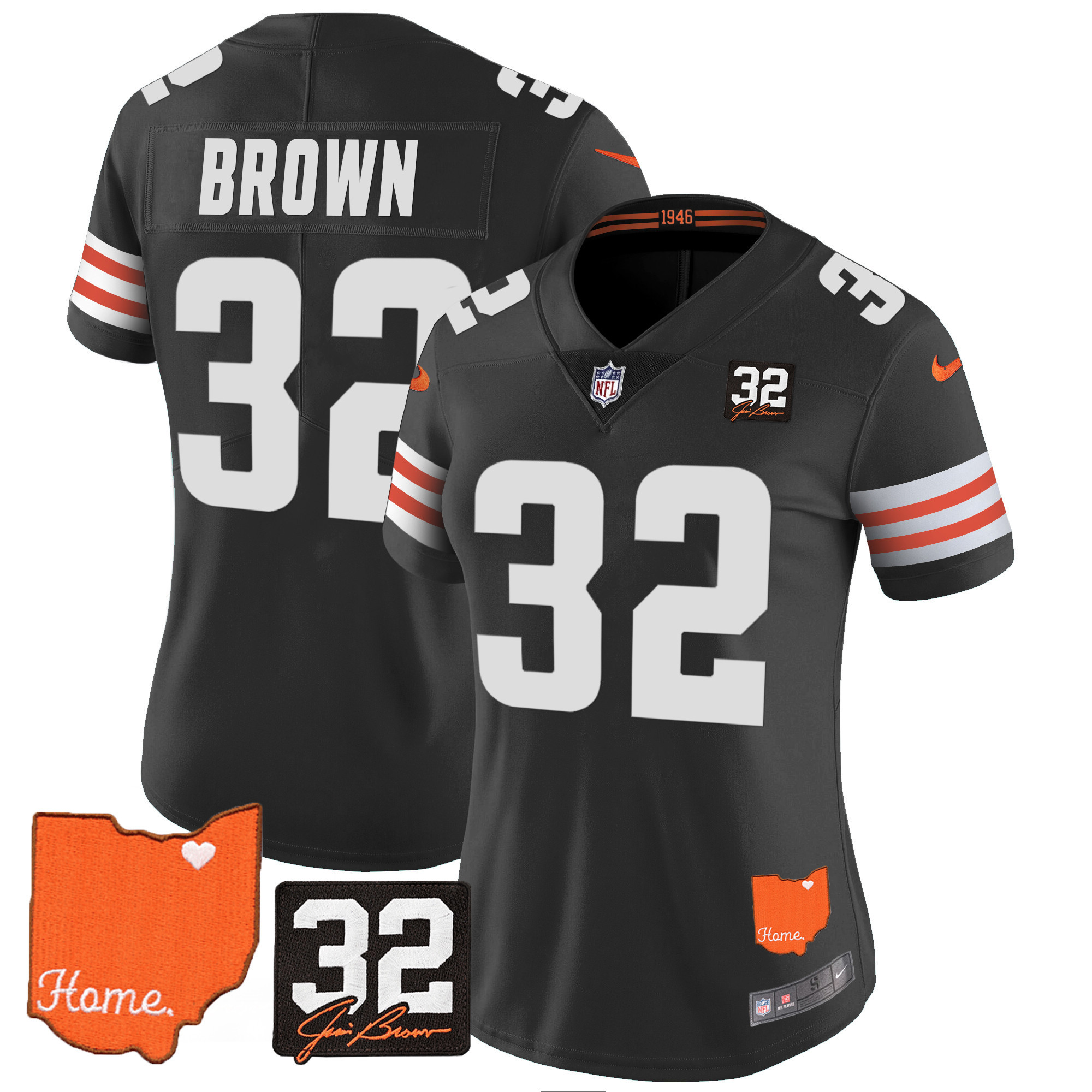 Women's Cleveland Browns #32 Jim Brown Memorial & Home Patch Black Jersey - All Stitched