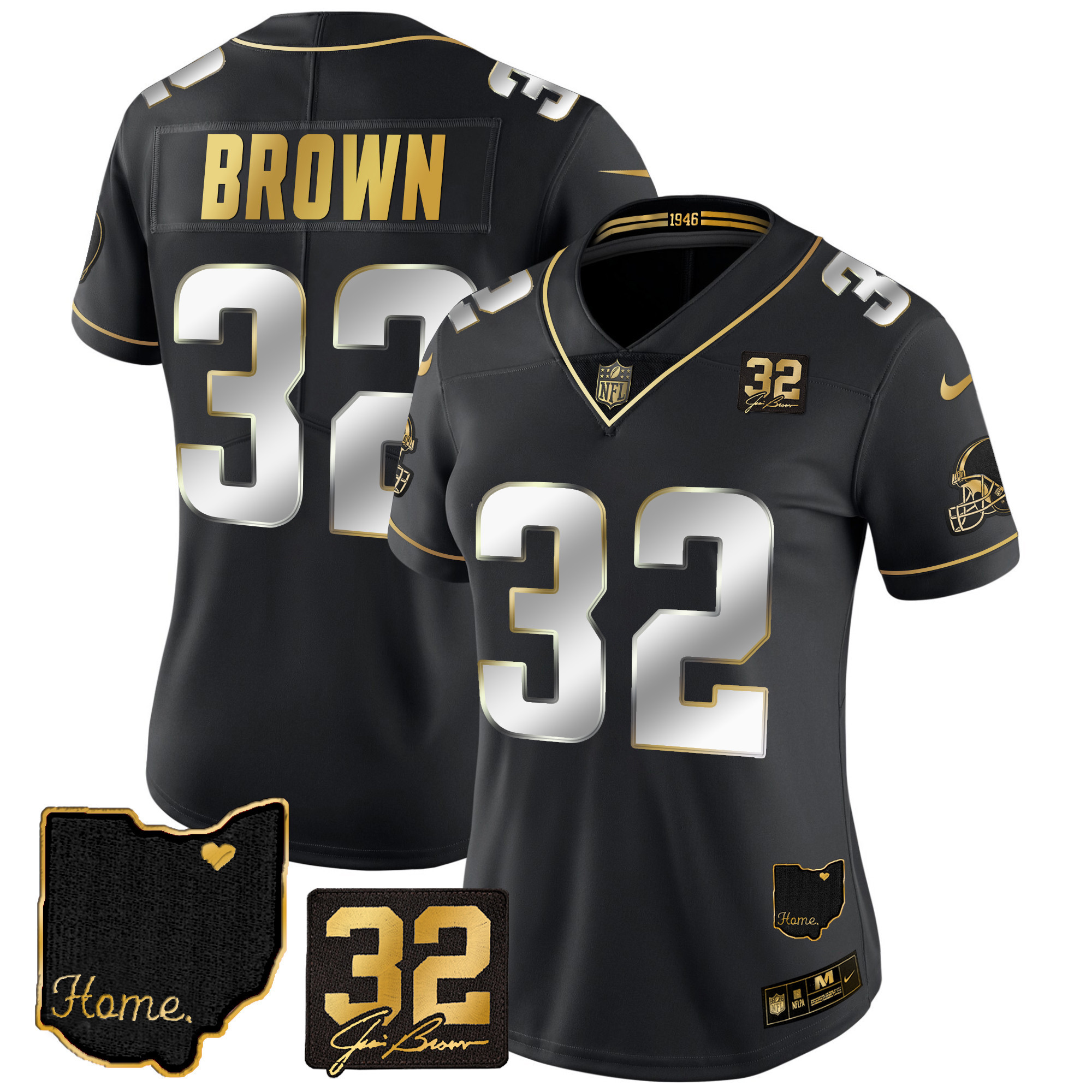 Women's Cleveland Browns #32 Jim Brown Memorial & Home Patch Gold Black Limited Jersey - All Stitched