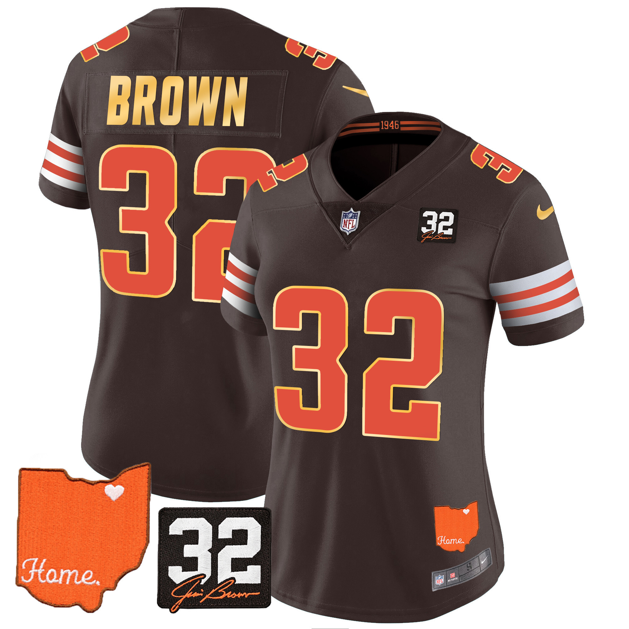Women's Cleveland Browns #32 Jim Brown Memorial & Home Patch Gold Trim Jersey - All Stitched