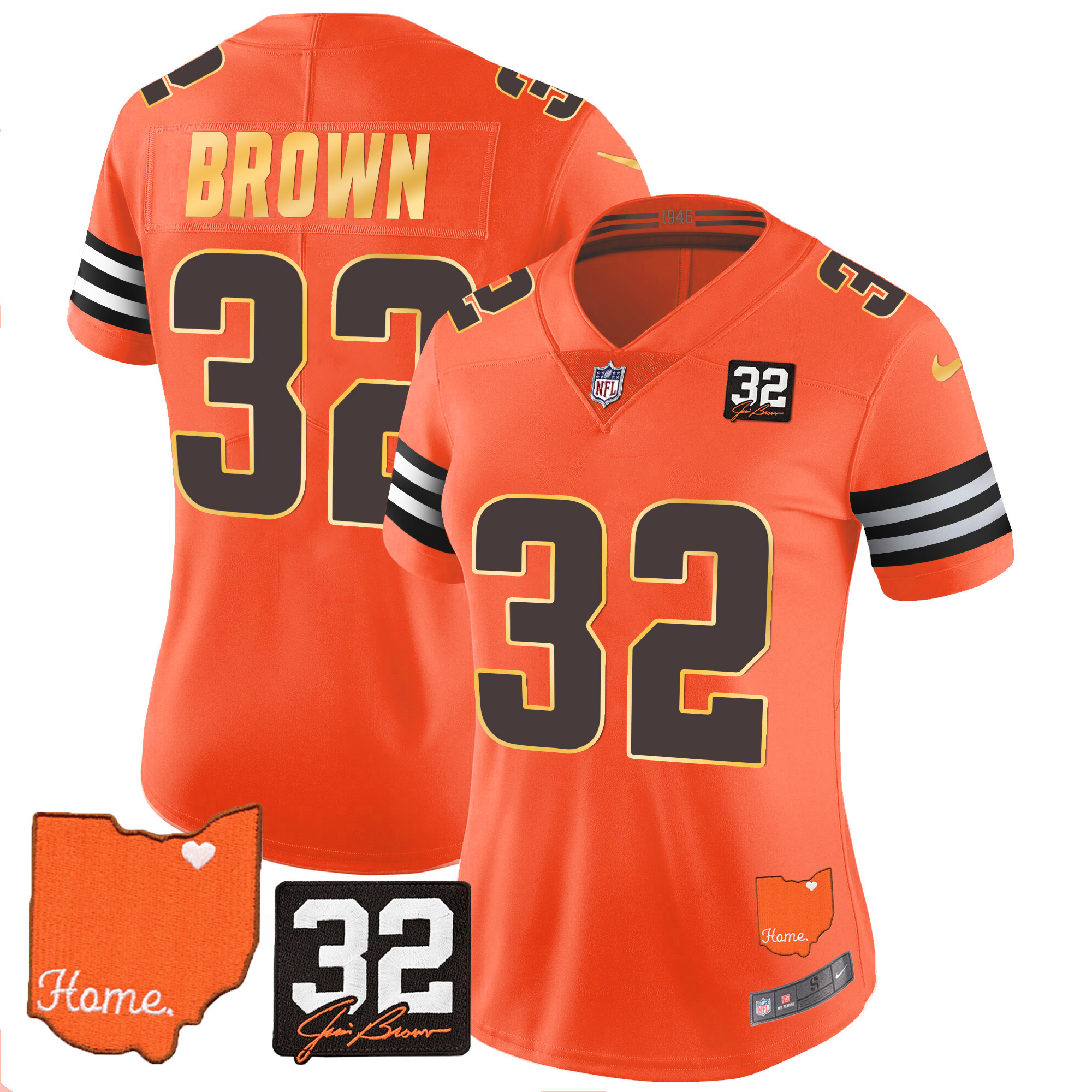 Women's Cleveland Browns #32 Jim Brown Memorial & Home Patch Gold Trim Orange Jersey - All Stitched