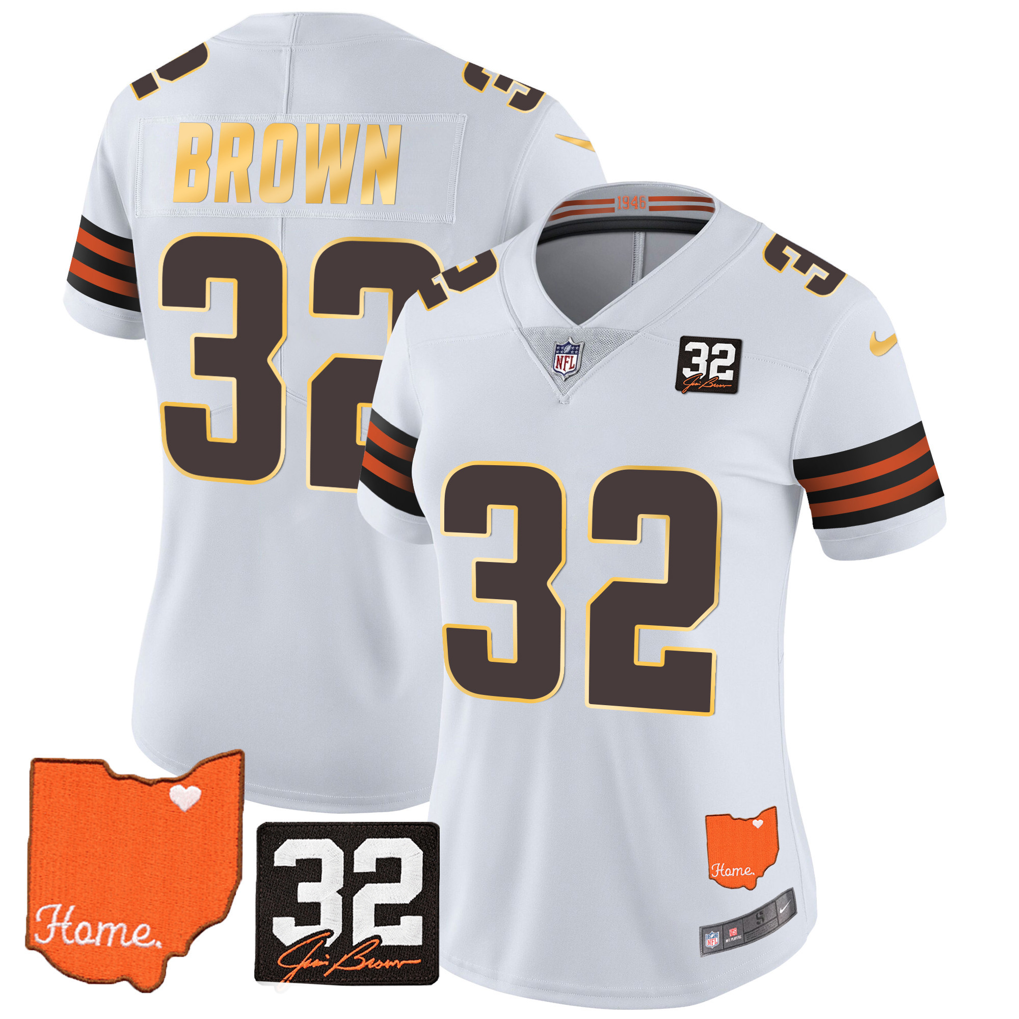 Women's Cleveland Browns #32 Jim Brown Memorial & Home Patch Gold Trim White Jersey - All Stitched