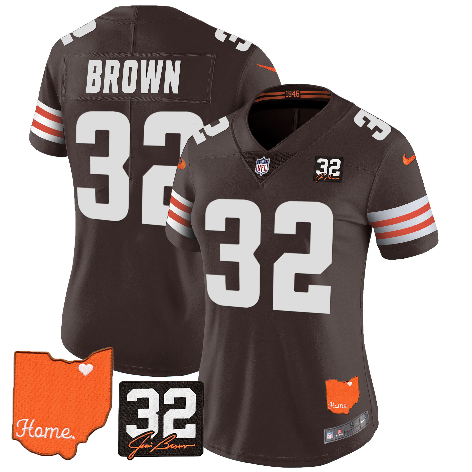 Women's Cleveland Browns #32 Jim Brown Memorial & Home Patch Jersey - All Stitched