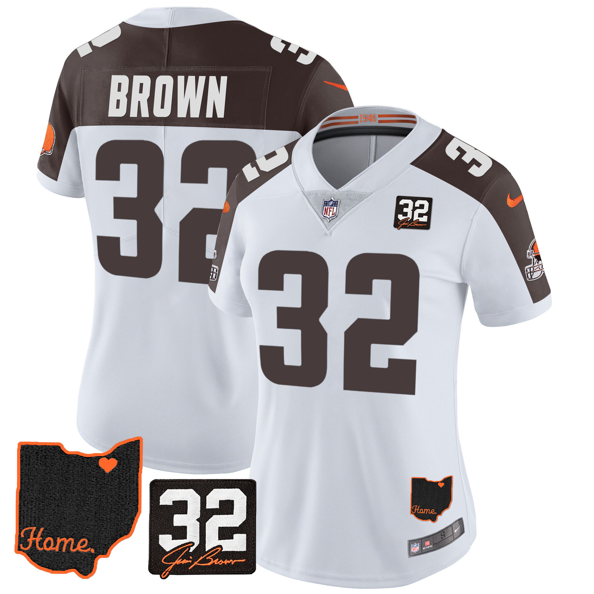 Women's Cleveland Browns #32 Jim Brown Memorial & Home Patch V3 Inverted Jersey - All Stitched