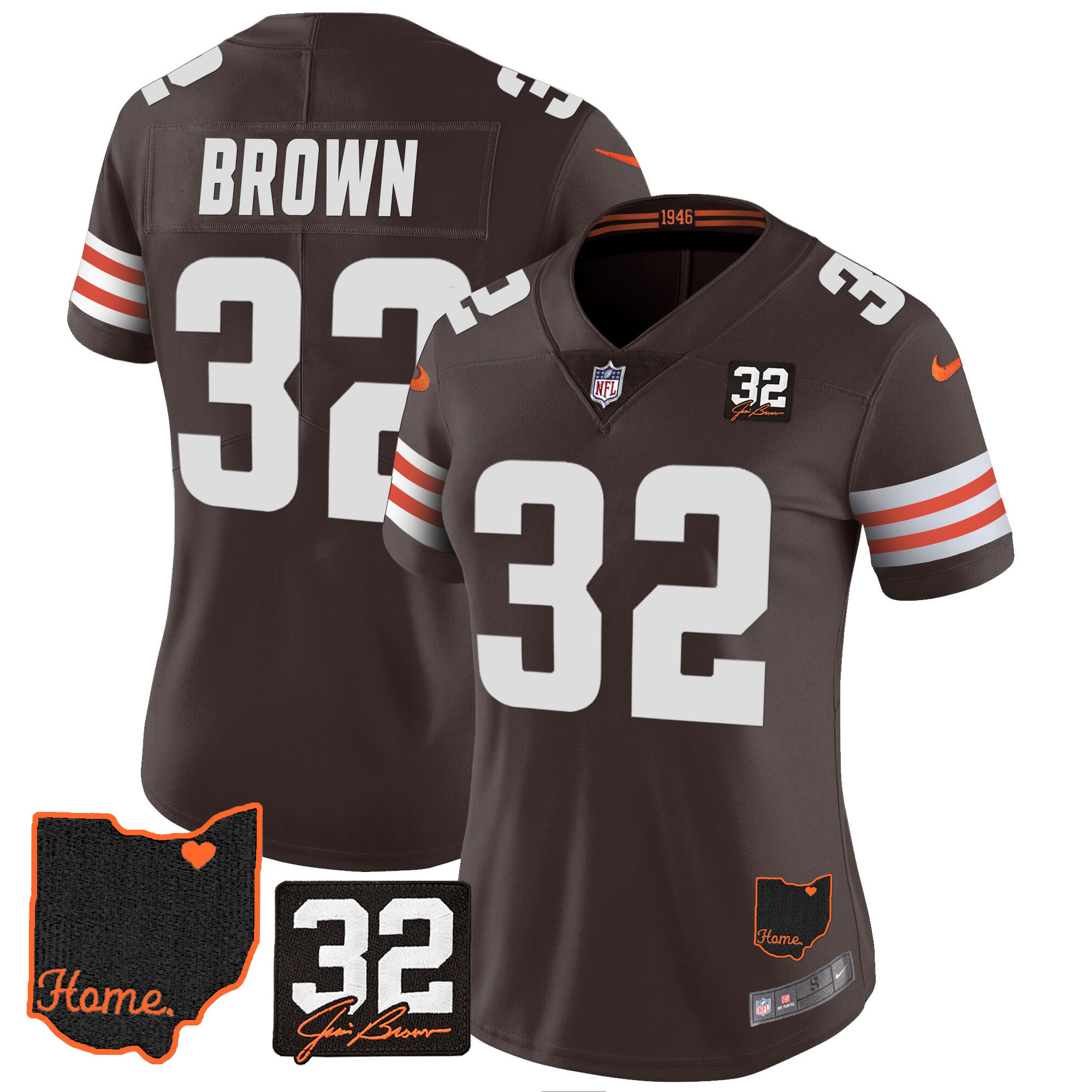 Women's Cleveland Browns #32 Jim Brown Memorial & Home Patch V3 Jersey - All Stitched