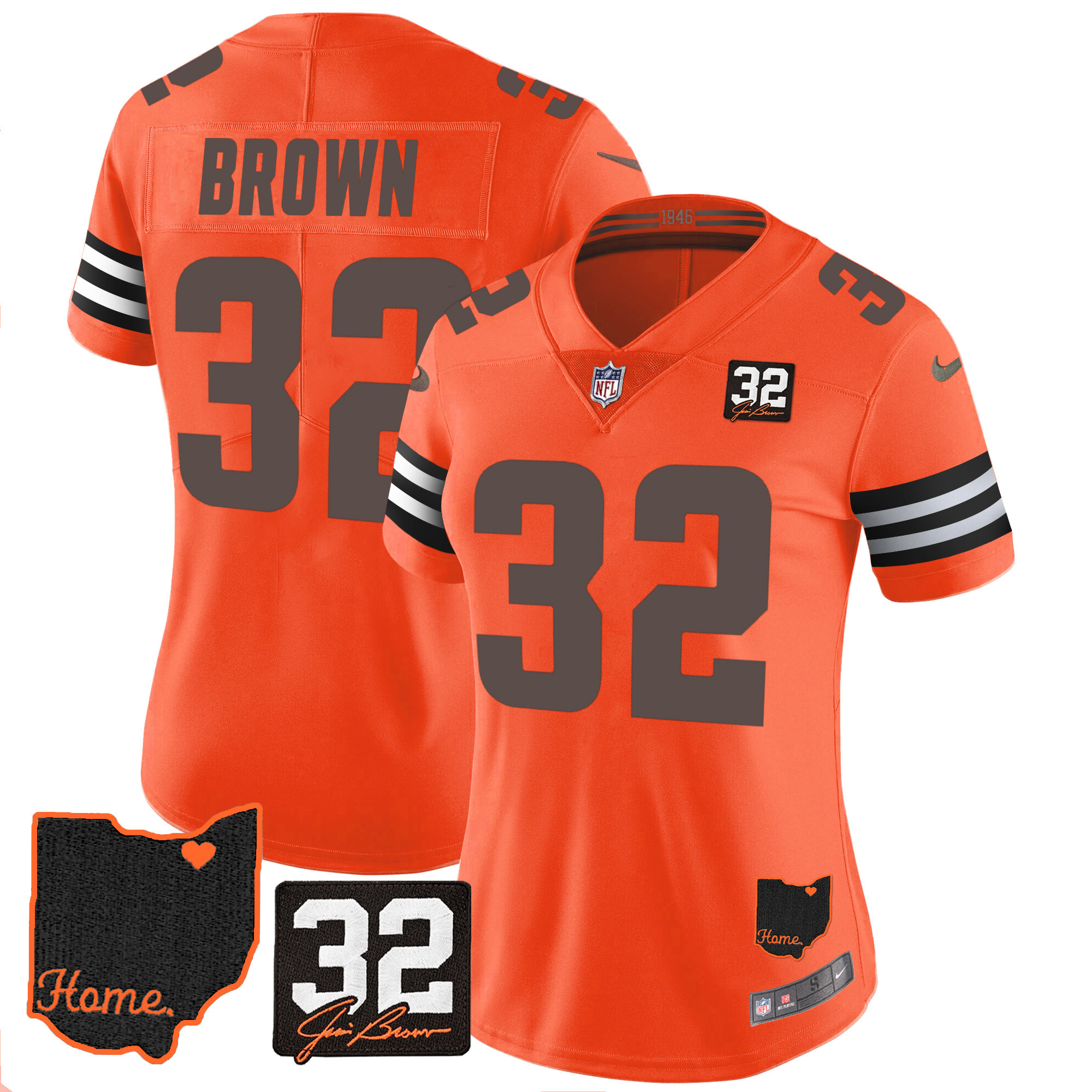 Women's Cleveland Browns #32 Jim Brown Memorial & Home Patch V3 Orange Jersey - All Stitched