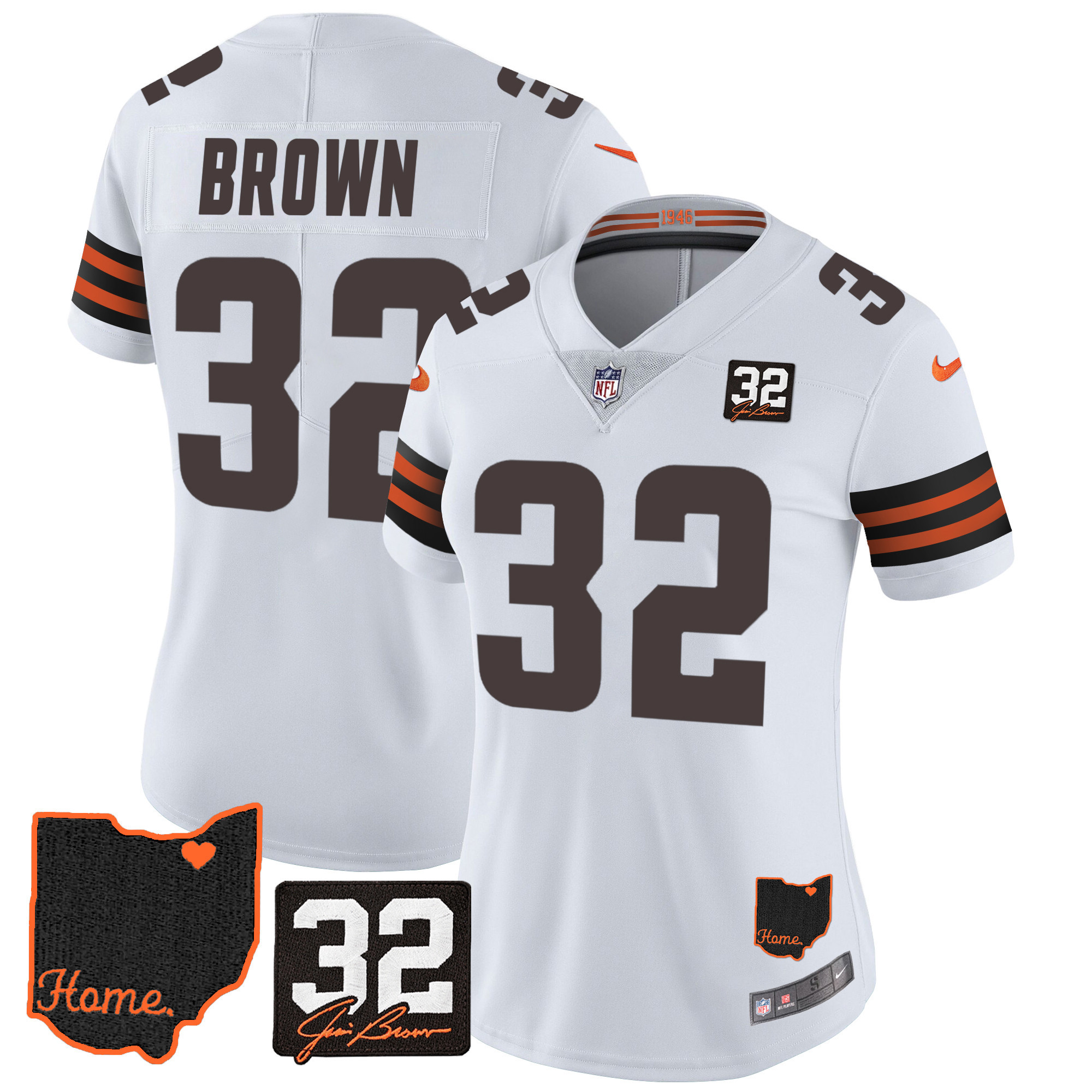 Women's Cleveland Browns #32 Jim Brown Memorial & Home Patch V3 White Jersey - All Stitched
