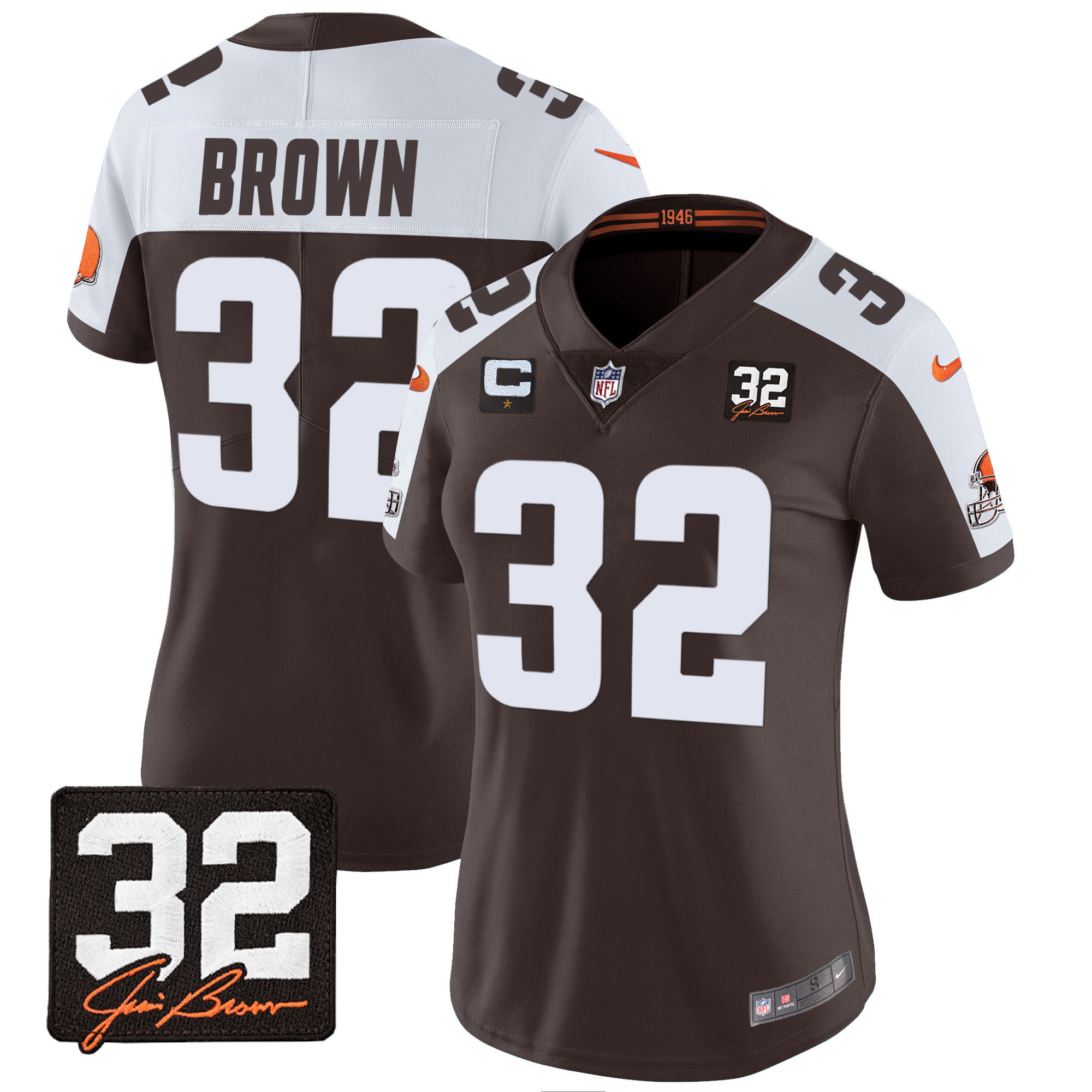 Women's Cleveland Browns #32 Jim Brown Memorial Patch Alternate Jersey - All Stitched