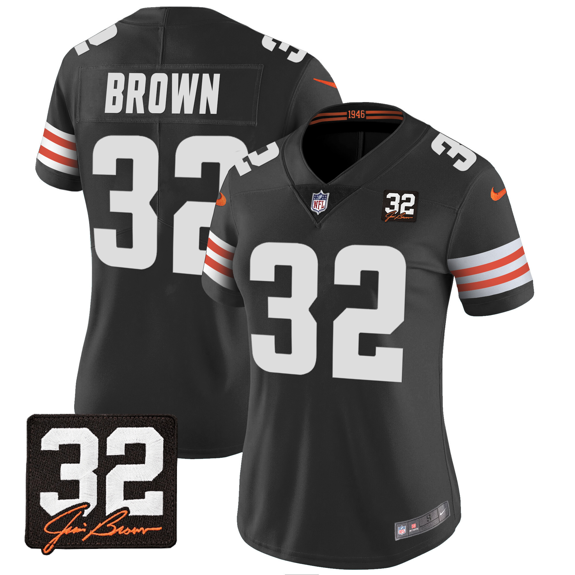 Women's Cleveland Browns #32 Jim Brown Memorial Patch Black Jersey - All Stitched