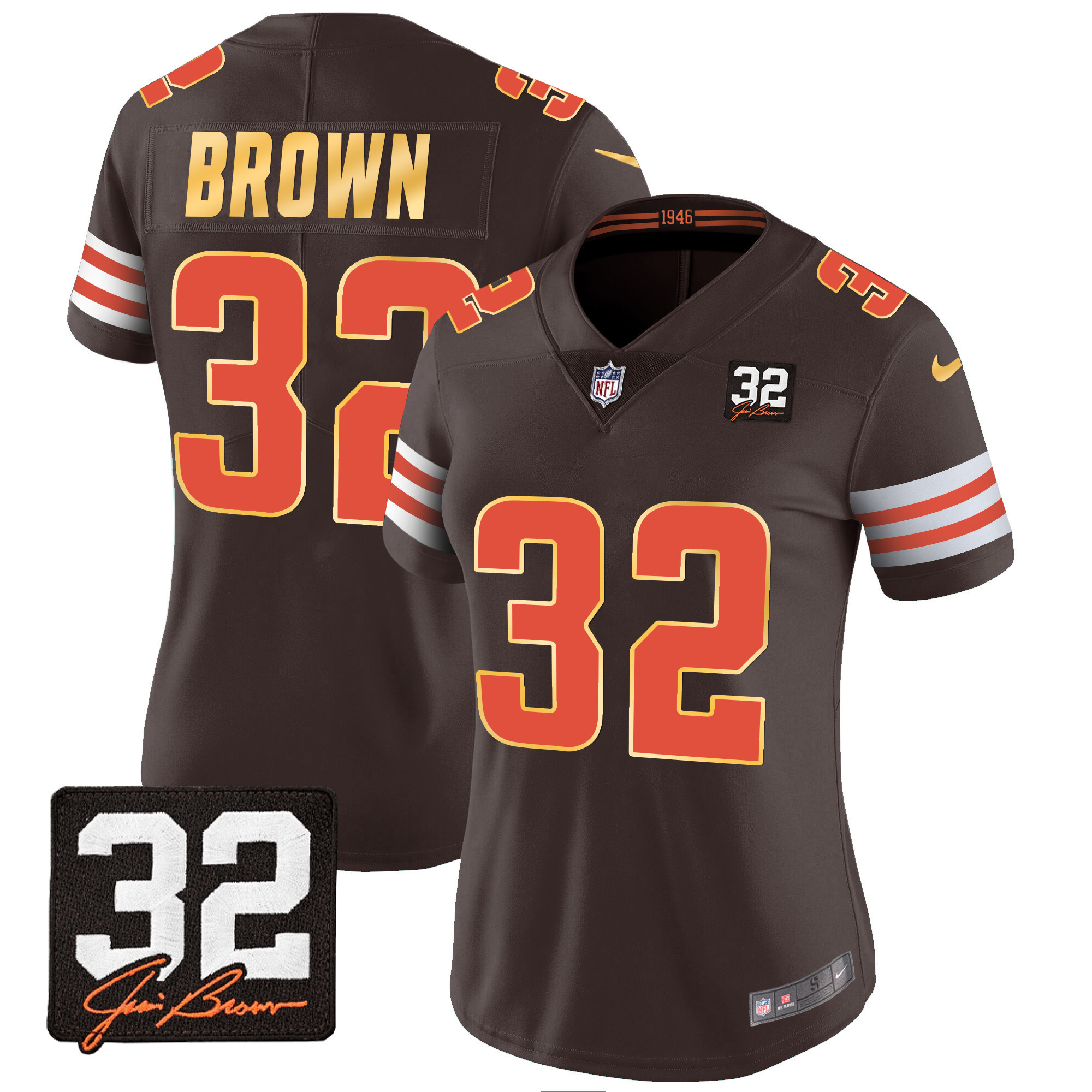 Women's Cleveland Browns #32 Jim Brown Memorial Patch Gold Trim Jersey - All Stitched