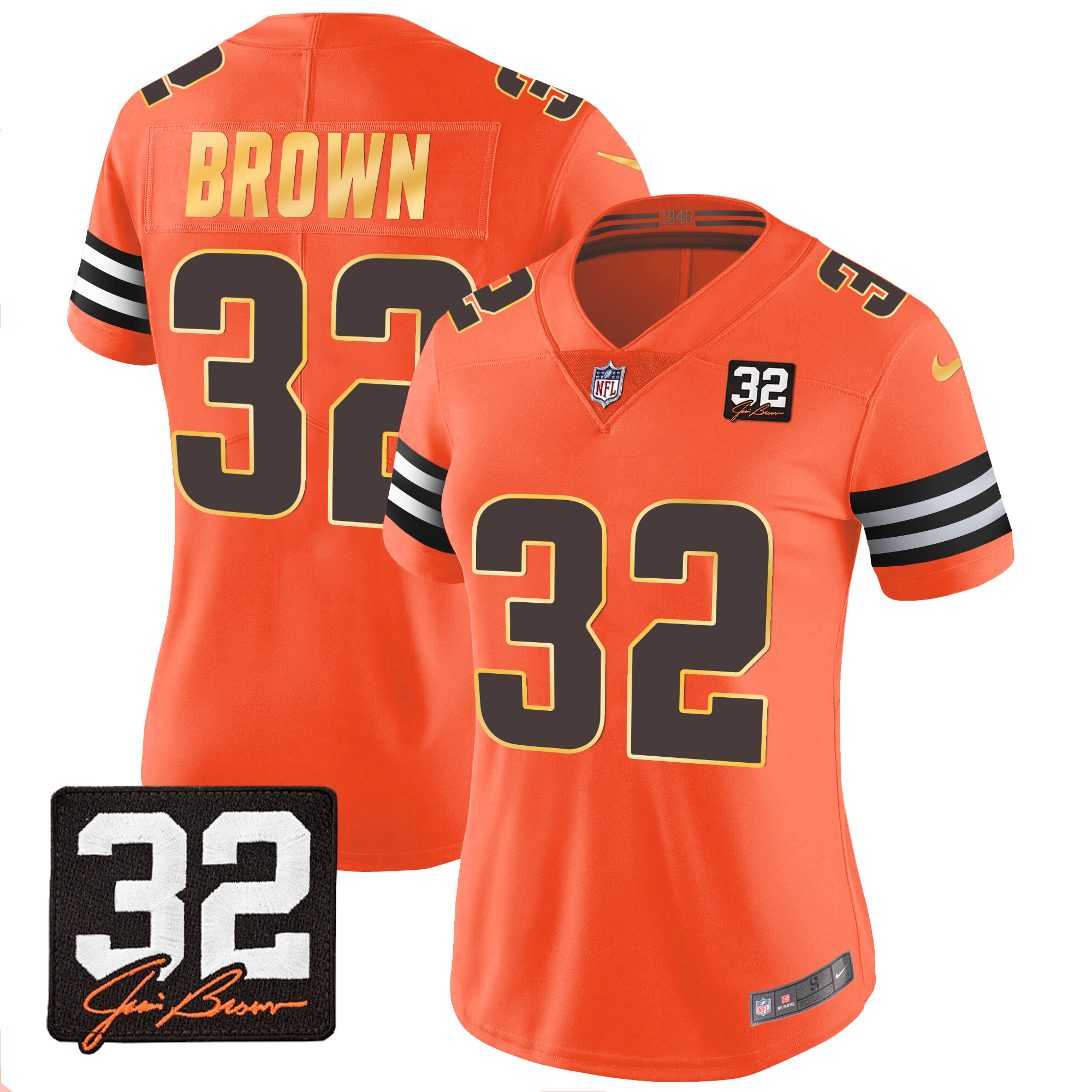 Women's Cleveland Browns #32 Jim Brown Memorial Patch Gold Trim Orange Jersey - All Stitched