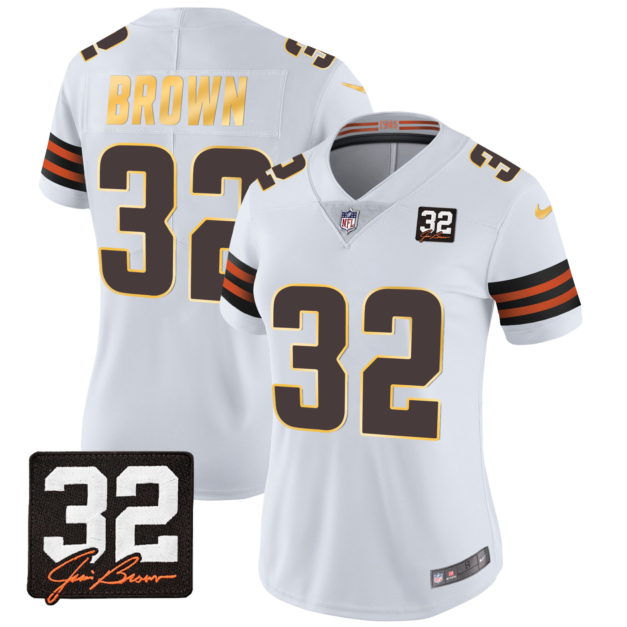 Women's Cleveland Browns #32 Jim Brown Memorial Patch Gold Trim White Jersey - All Stitched